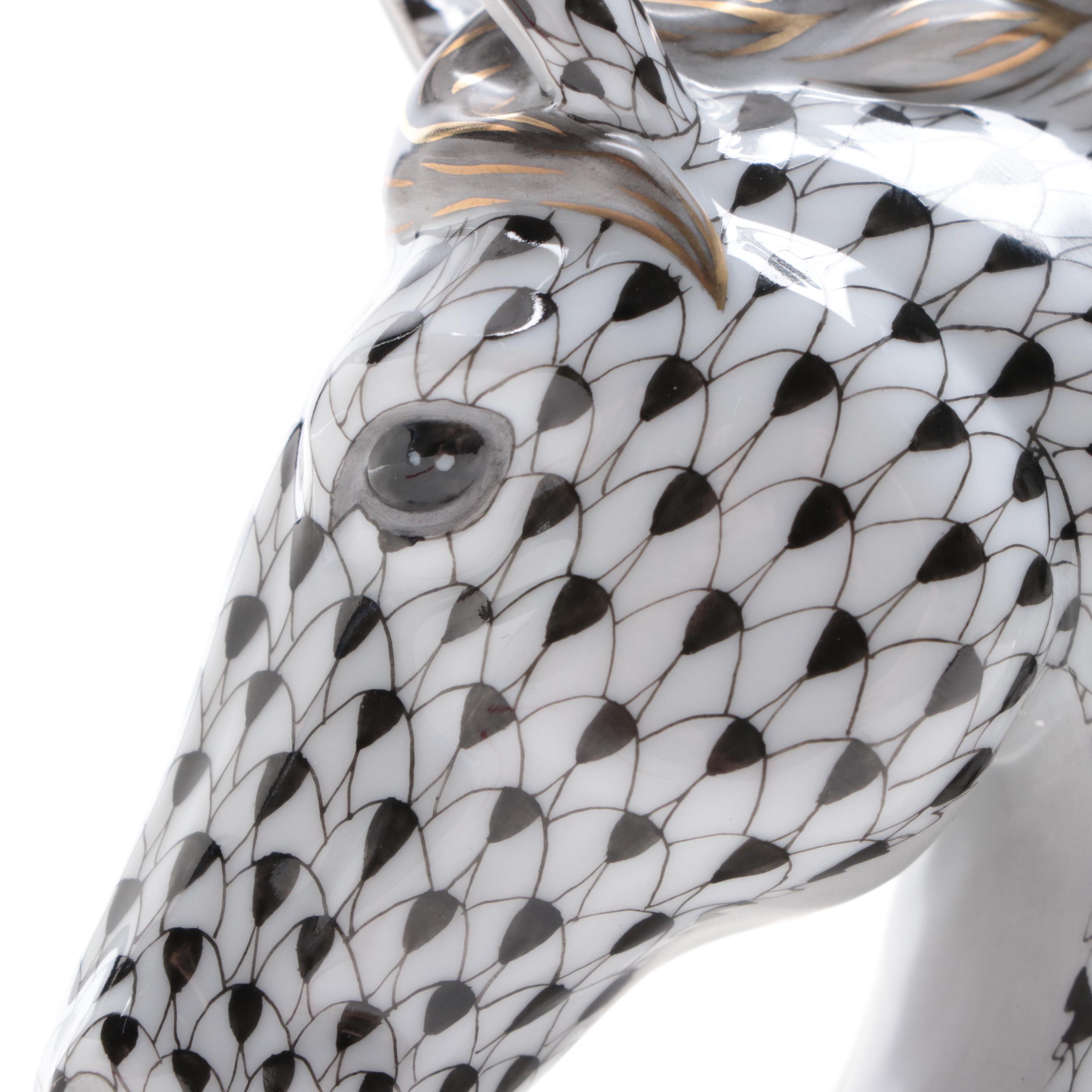 Herend Black Fishnet with Gold "Horse Bust" Porcelain Figurine