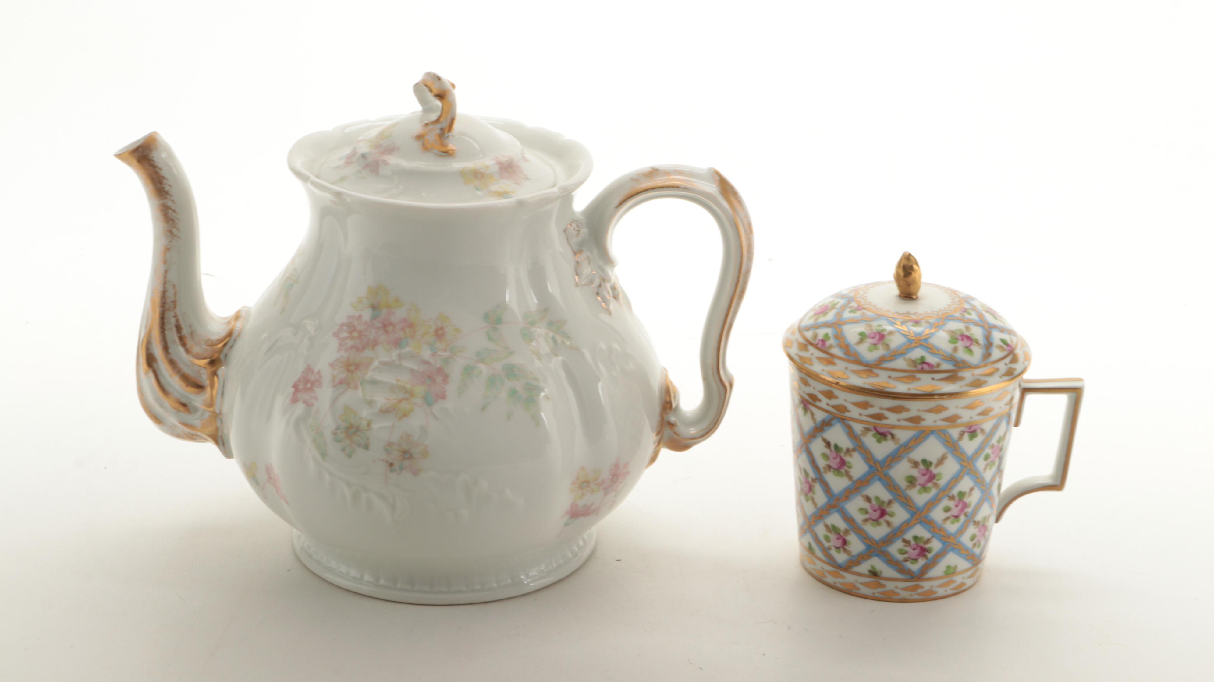 French Brass Vanity Box with Limoges Teapot, Dresden Covered Mug and More