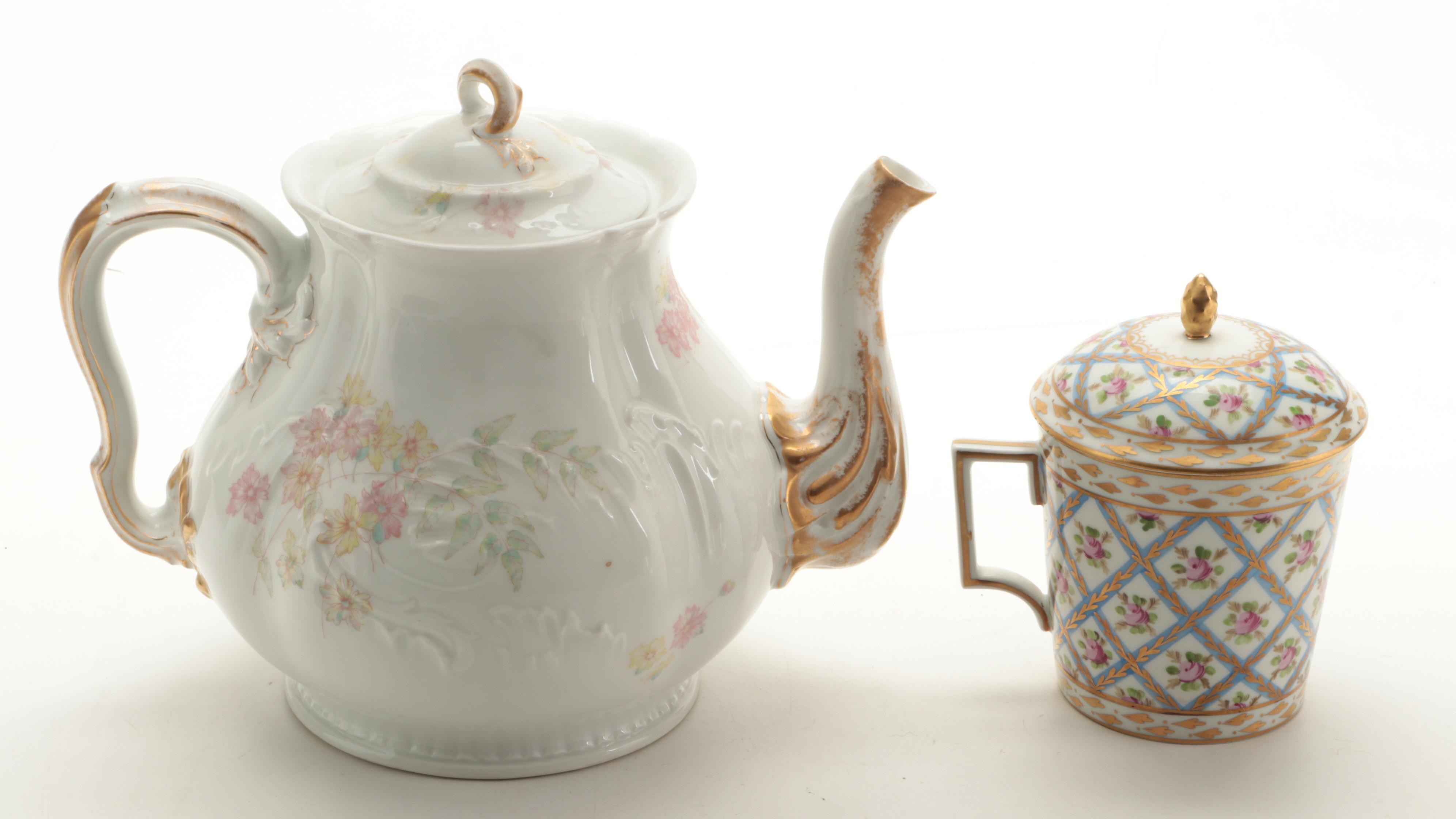 French Brass Vanity Box with Limoges Teapot, Dresden Covered Mug and More