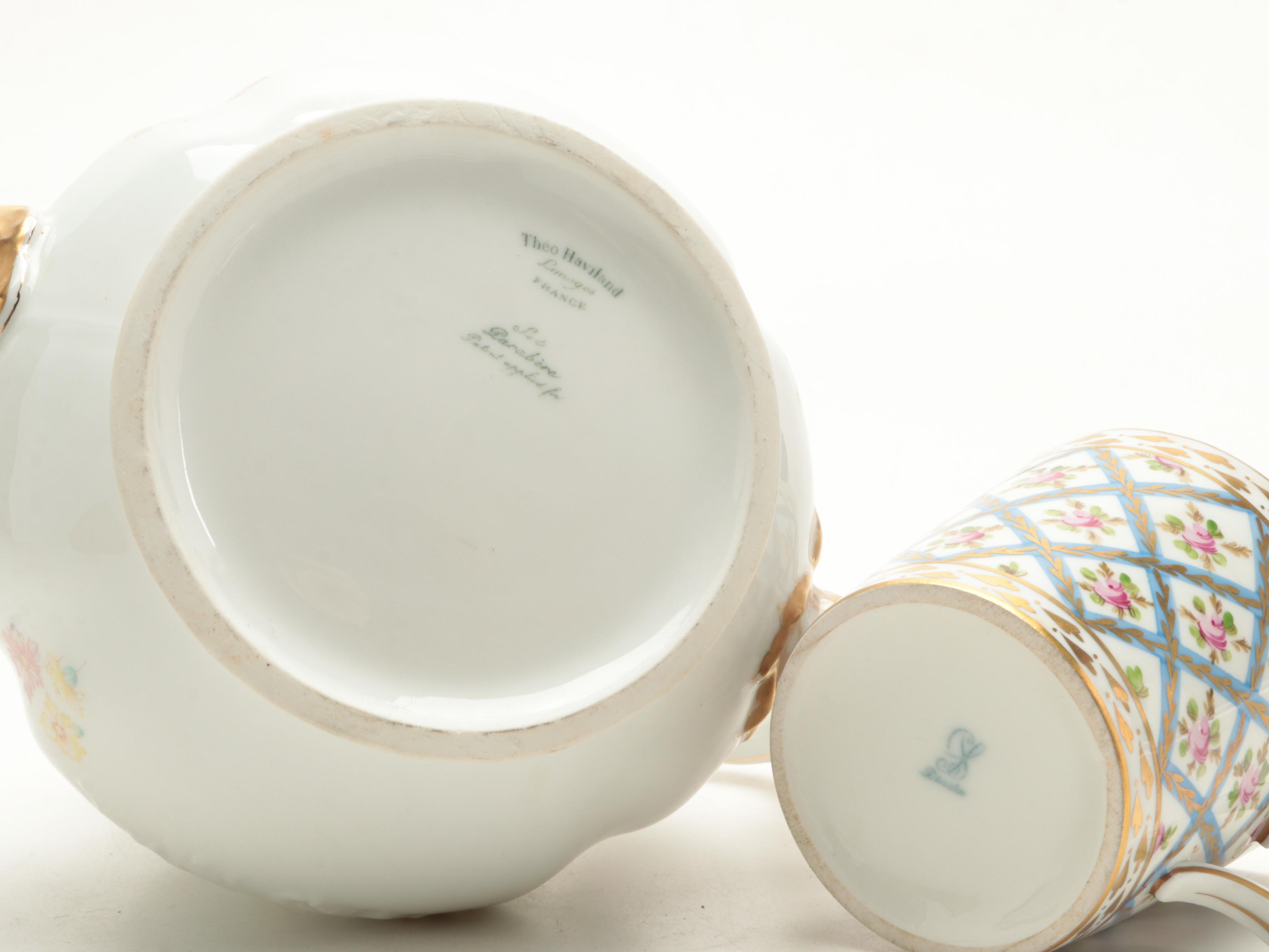 French Brass Vanity Box with Limoges Teapot, Dresden Covered Mug and More