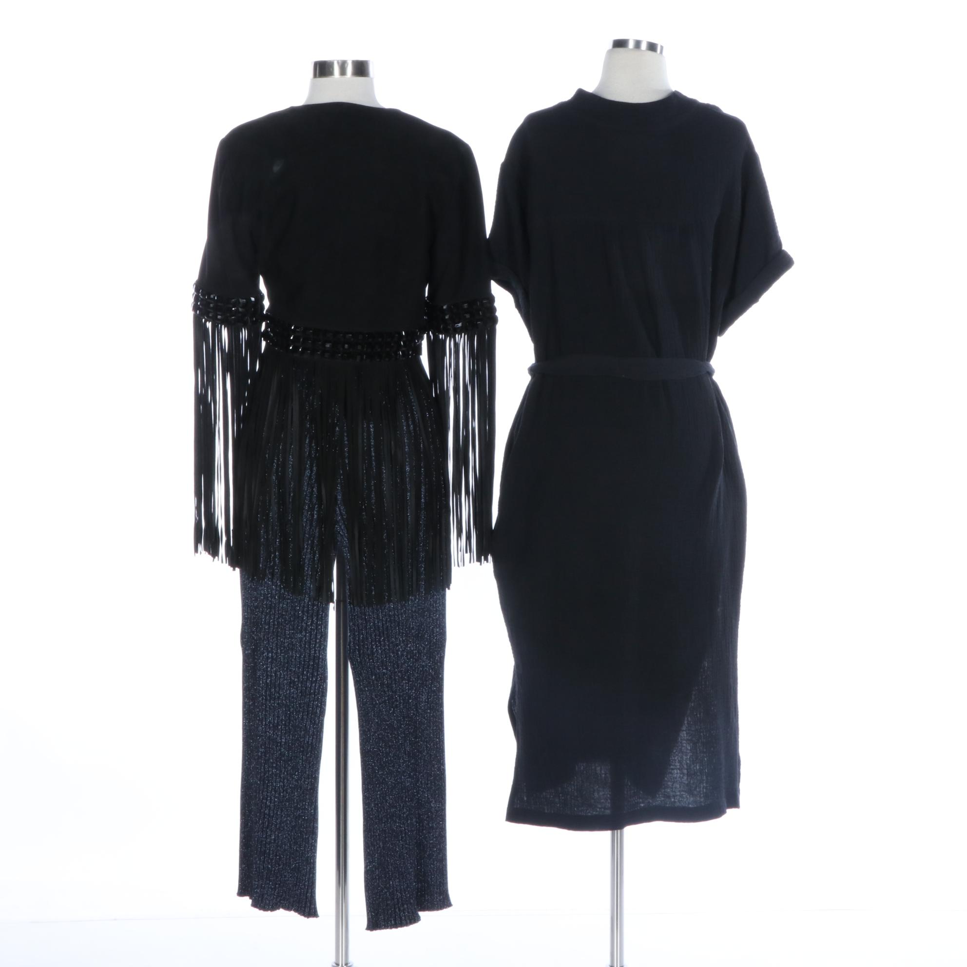 Magaschoni Organic Cotton Dress, Haute Hippie Fringe Vest, Zara Knit Flare Pants