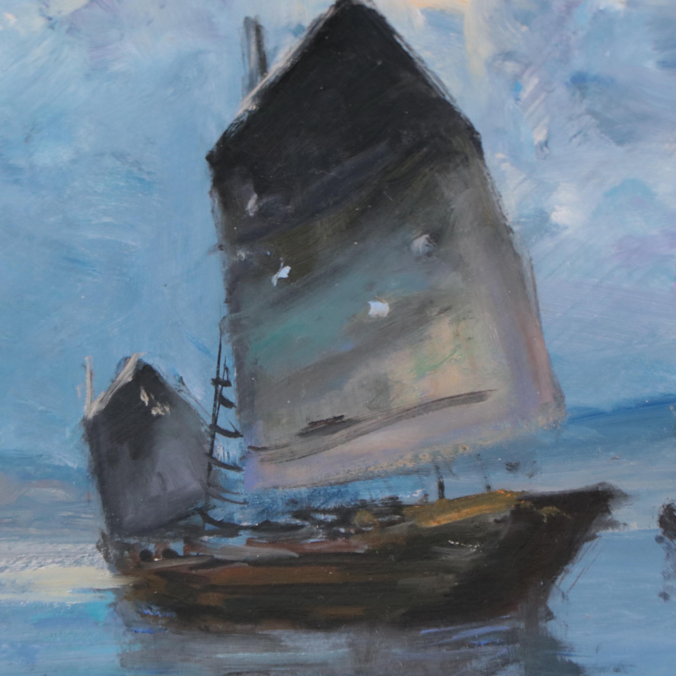 Nino Pippa Oil Painting "Chinese Junk by Hong Kong Harbor," 2016
