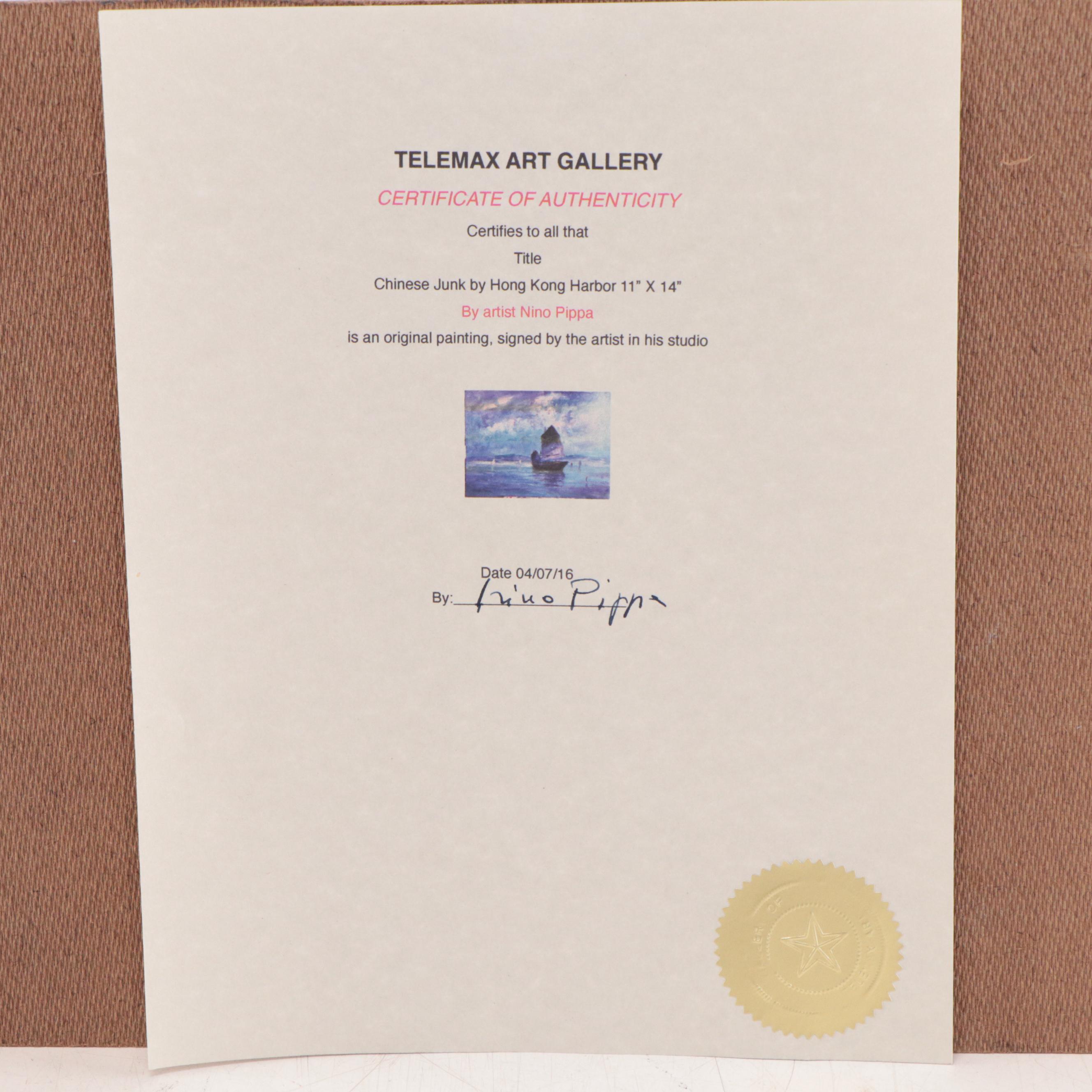 Nino Pippa Oil Painting "Chinese Junk by Hong Kong Harbor," 2016