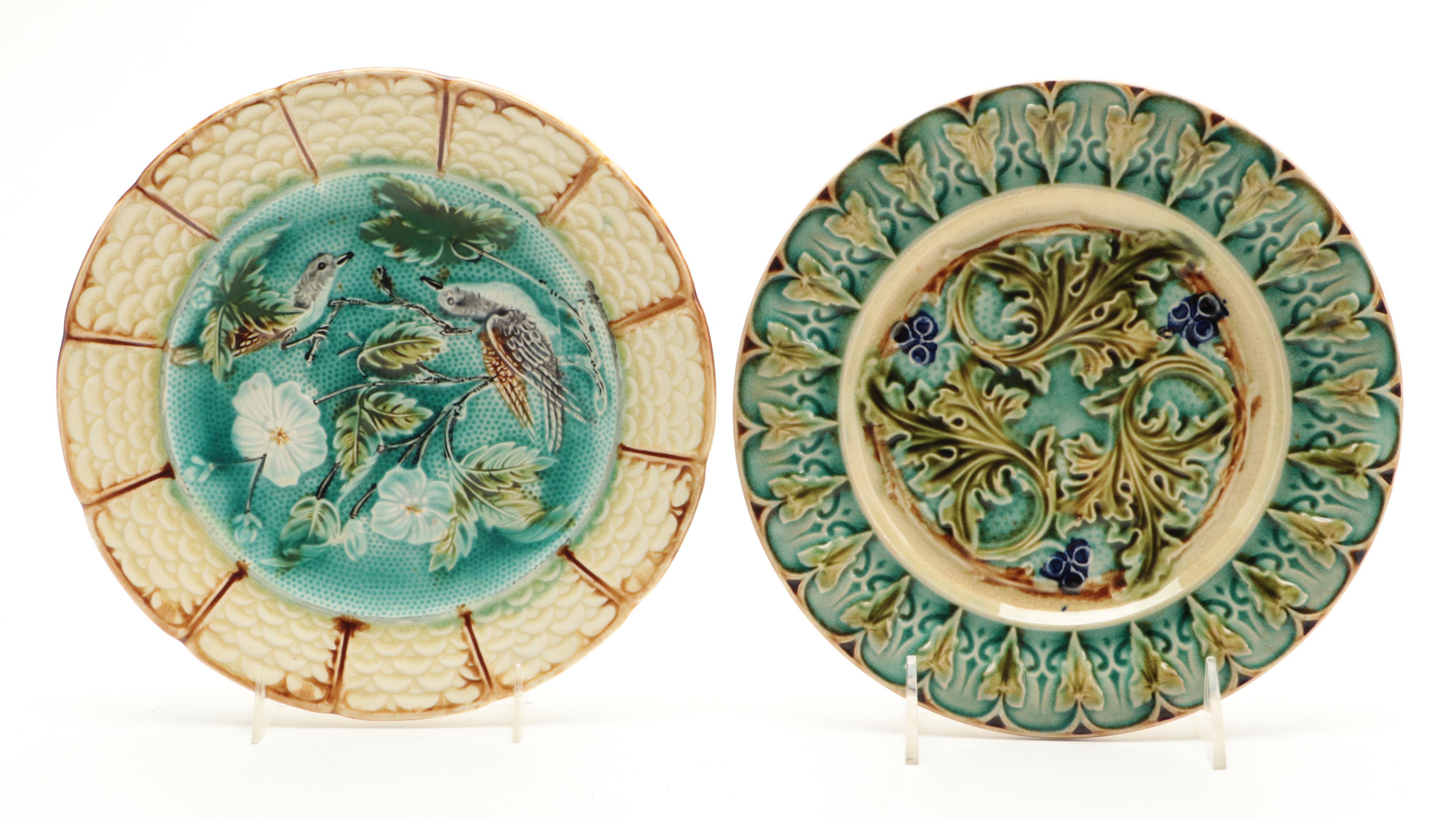 Zell Baden Majolica Plates, Bordallo Pinheiro Cabbage Platter and Other Majolica
