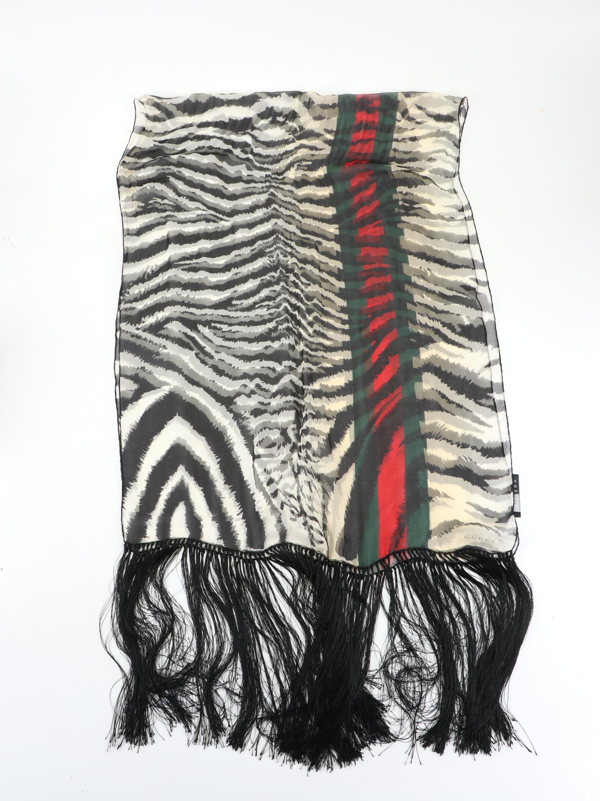Gucci Web and Striped Fringe Scarf in Silk Chiffon