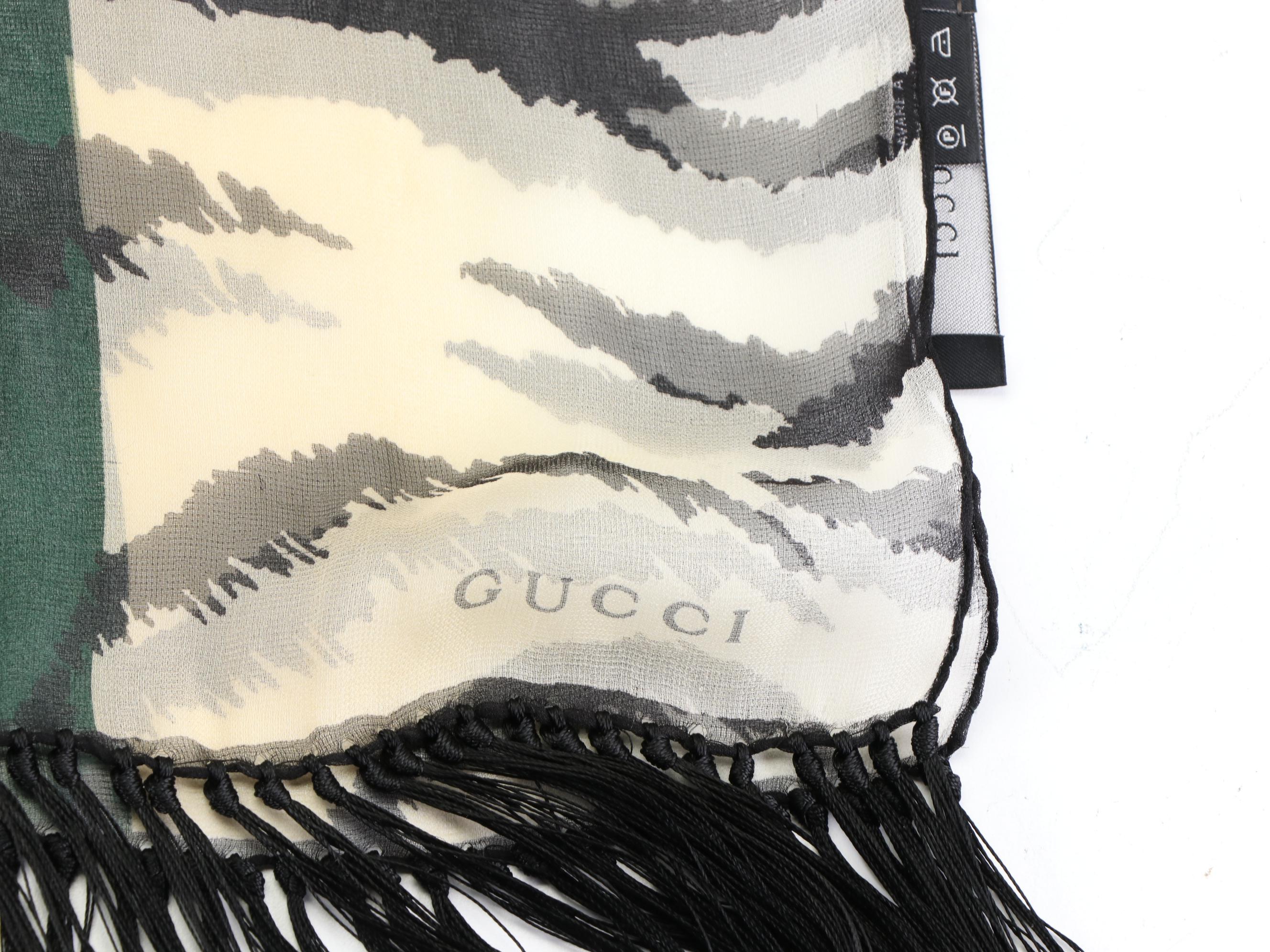 Gucci Web and Striped Fringe Scarf in Silk Chiffon