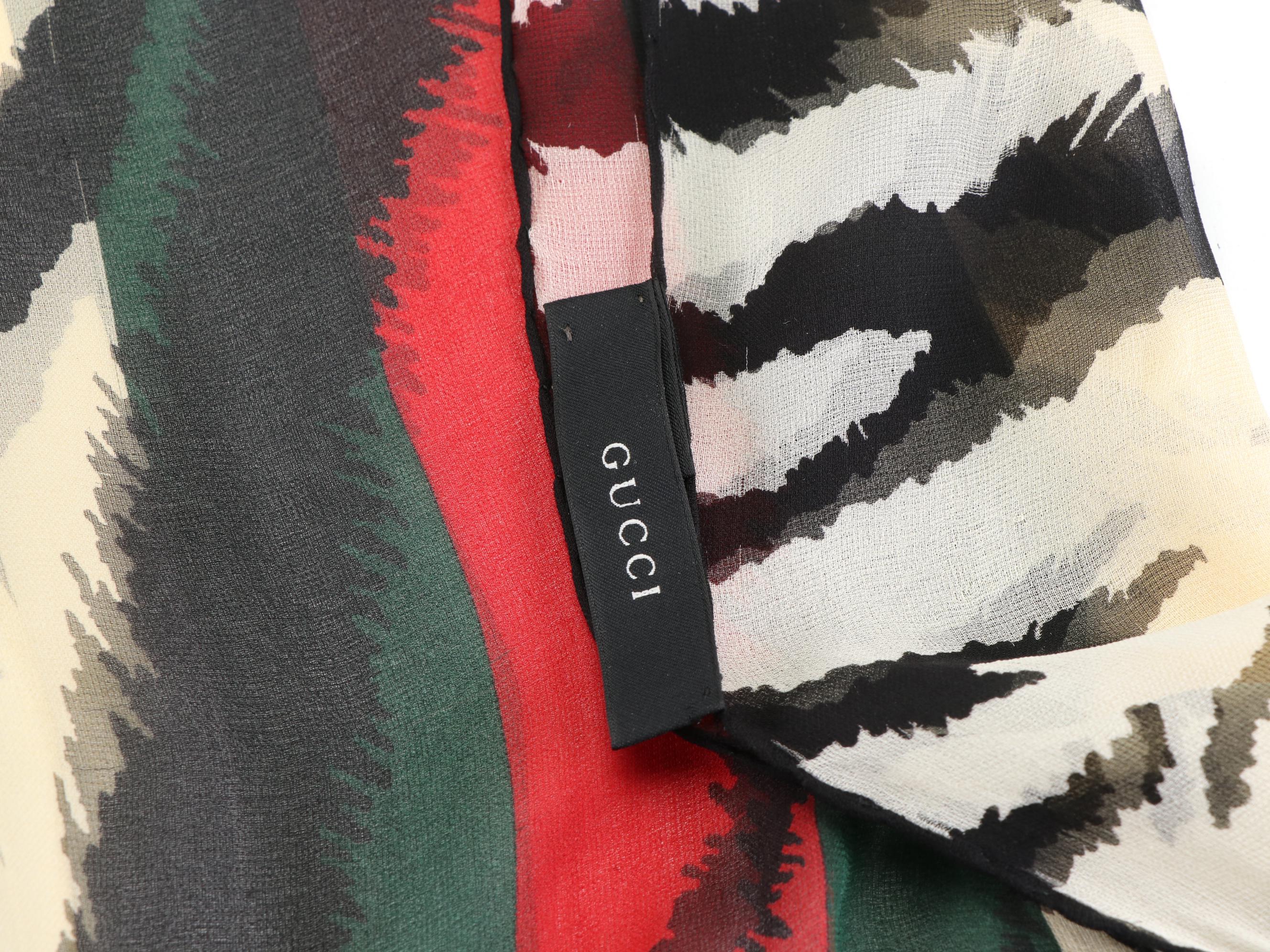 Gucci Web and Striped Fringe Scarf in Silk Chiffon
