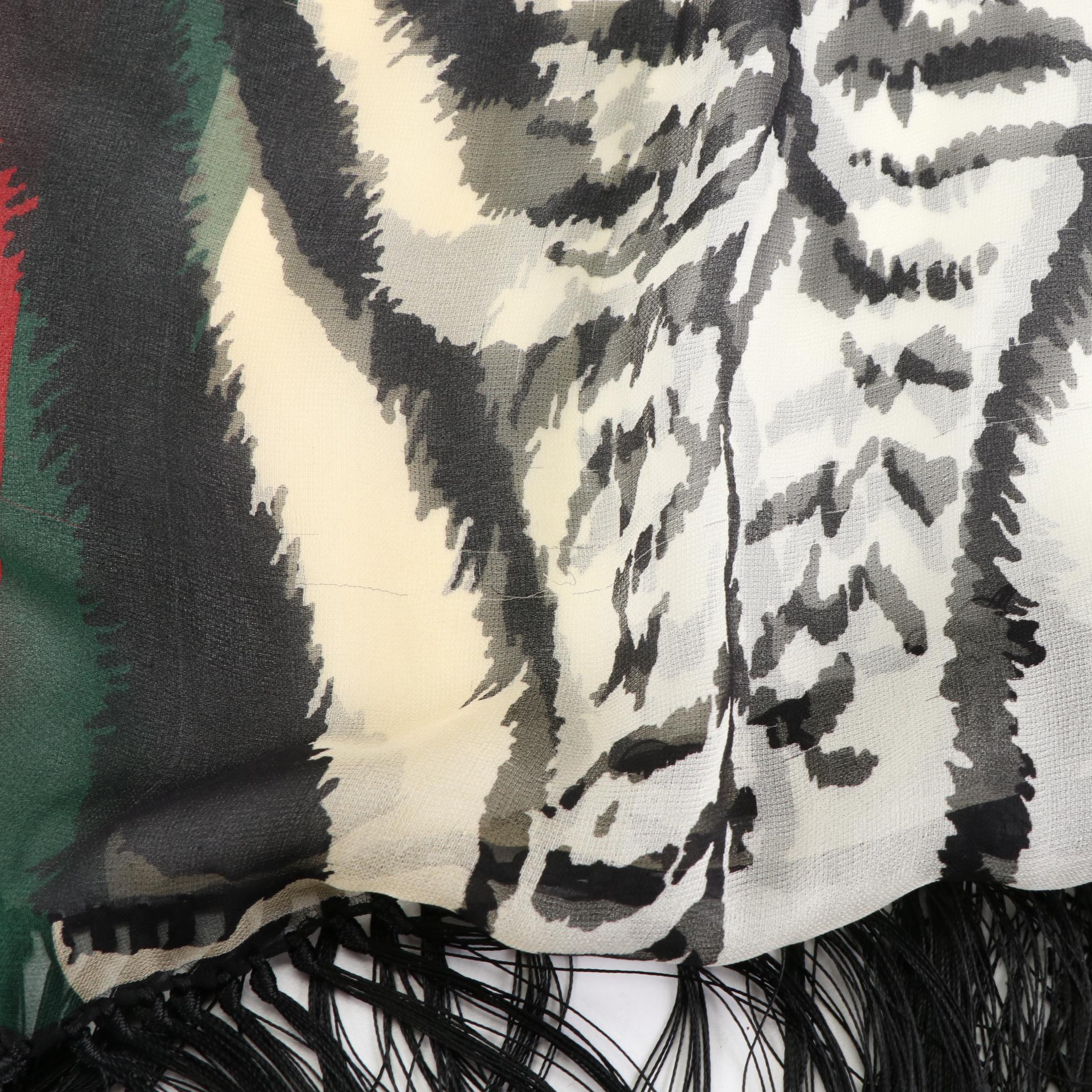 Gucci Web and Striped Fringe Scarf in Silk Chiffon