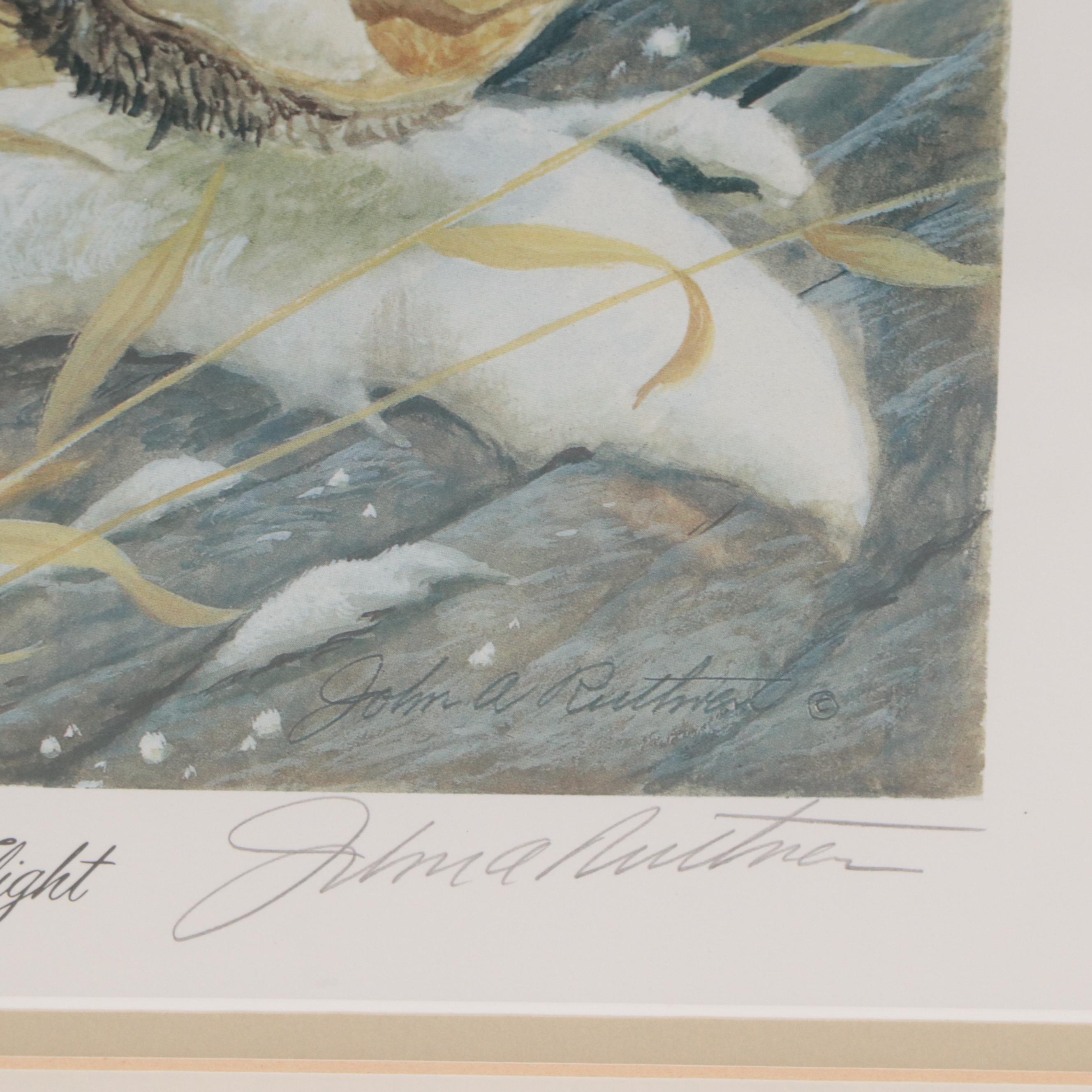 John Ruthven Offset Lithograph "Cardinal's Winter Flight"