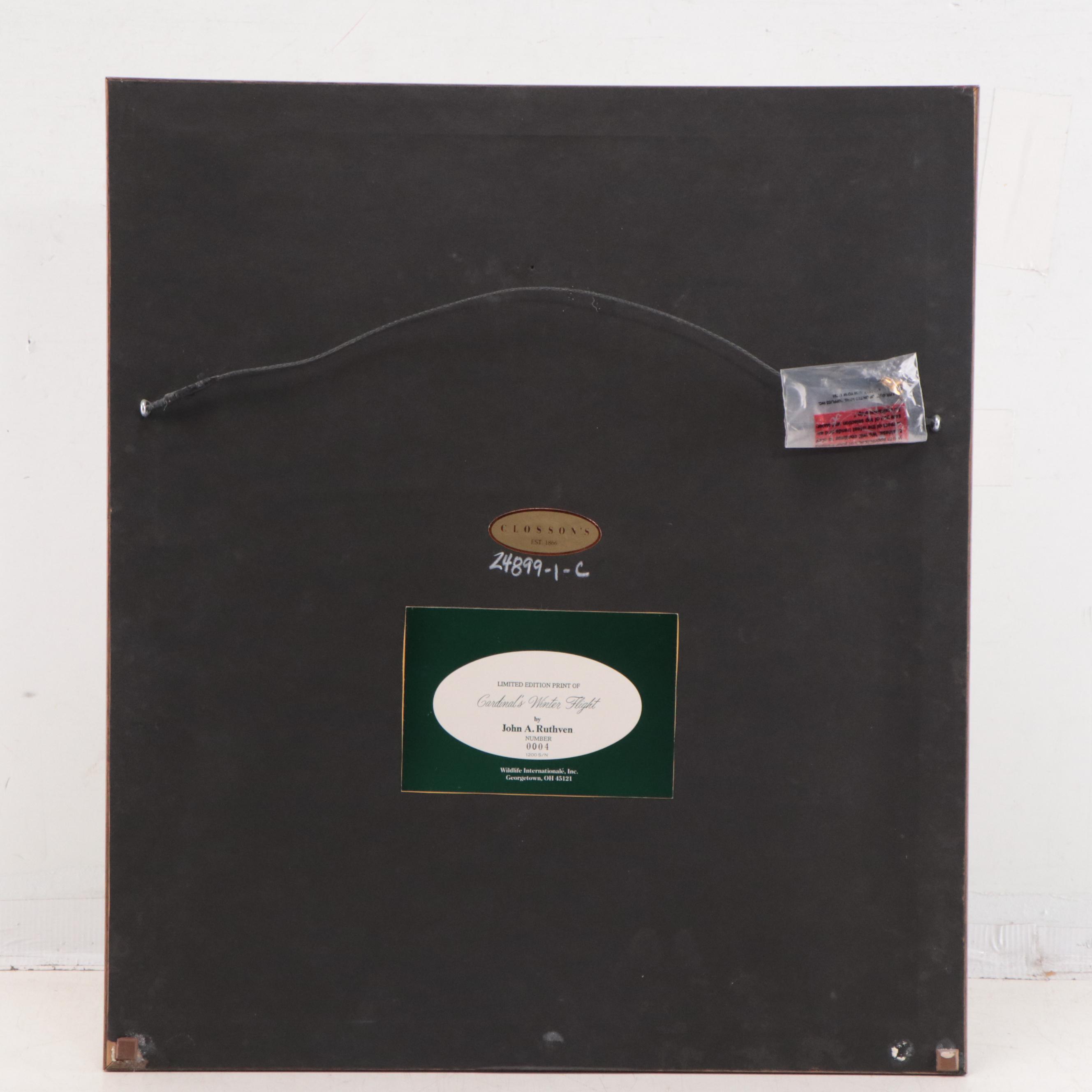 John Ruthven Offset Lithograph "Cardinal's Winter Flight"