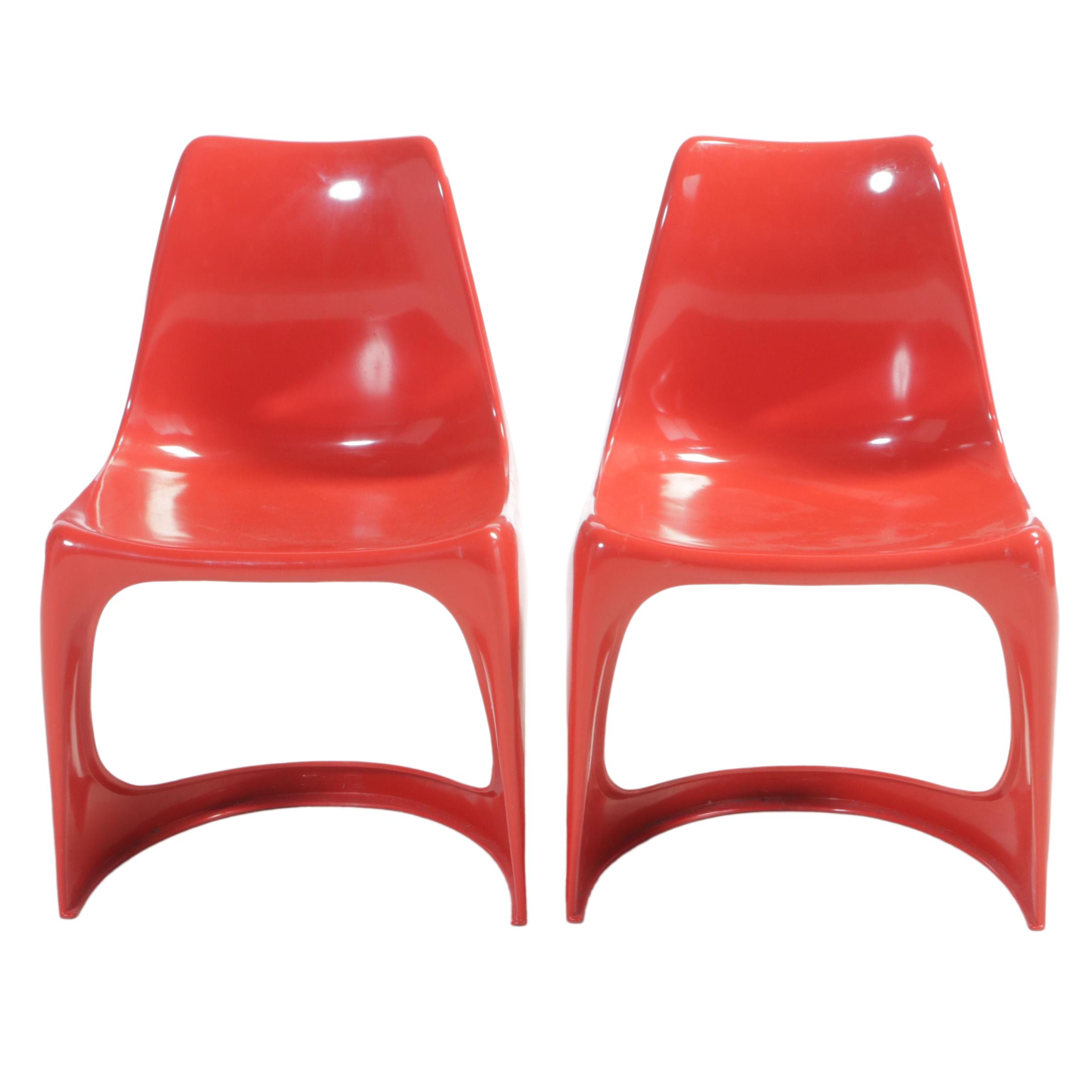 Pair of Steen Østergaard for Cado "Model 290" Red Molded Plastic Stacking Chairs