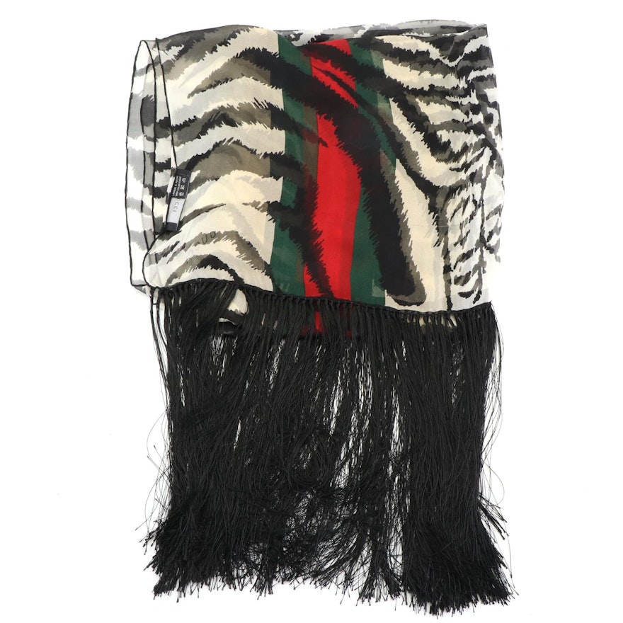 Gucci Web and Striped Fringe Scarf in Silk Chiffon