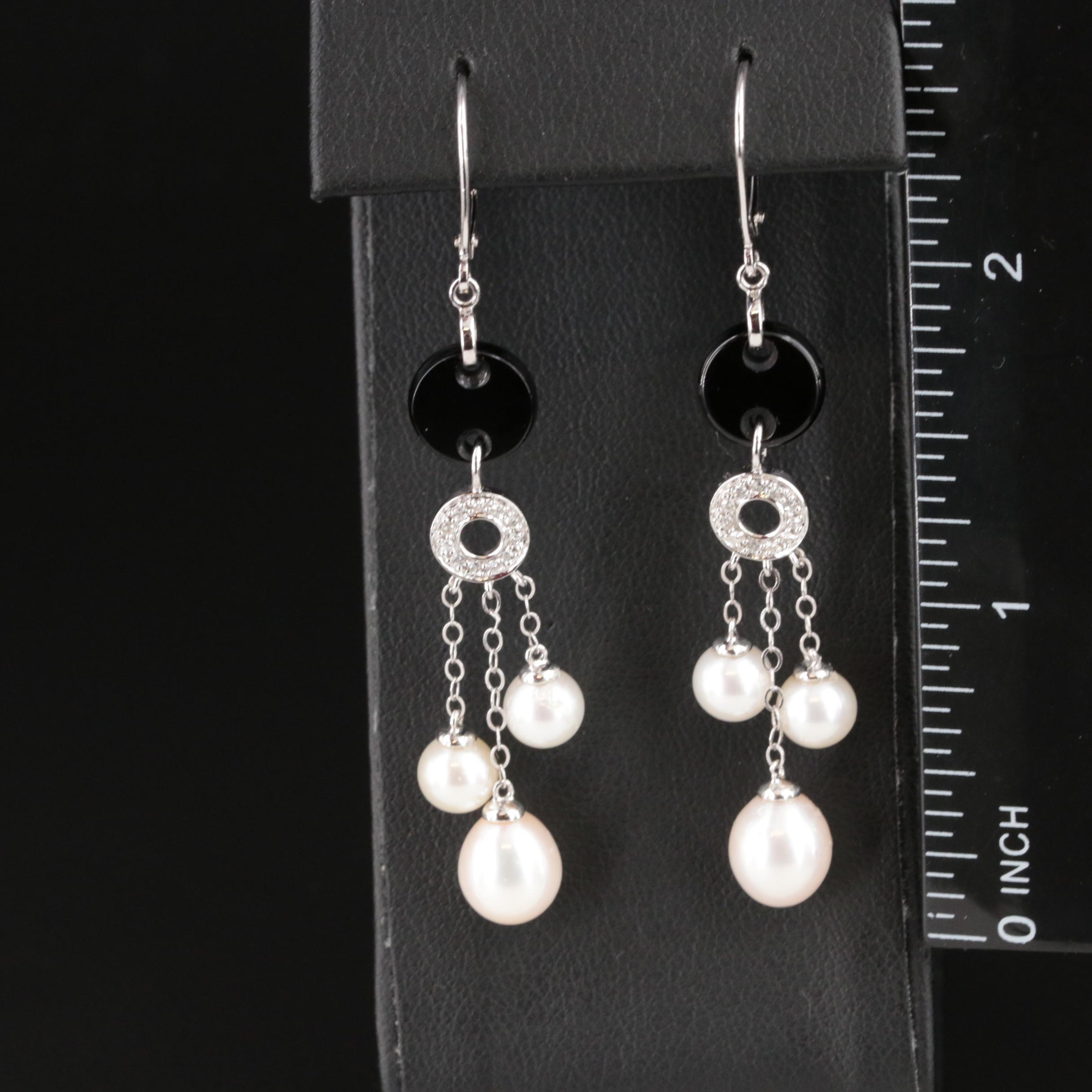 14K Pearl, Black Onyx and Diamond Earrings