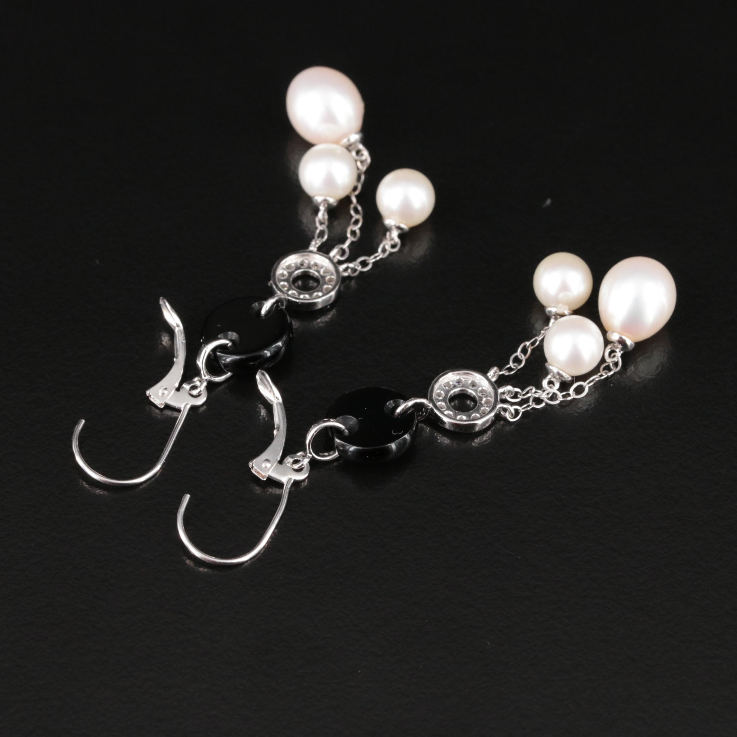 14K Pearl, Black Onyx and Diamond Earrings