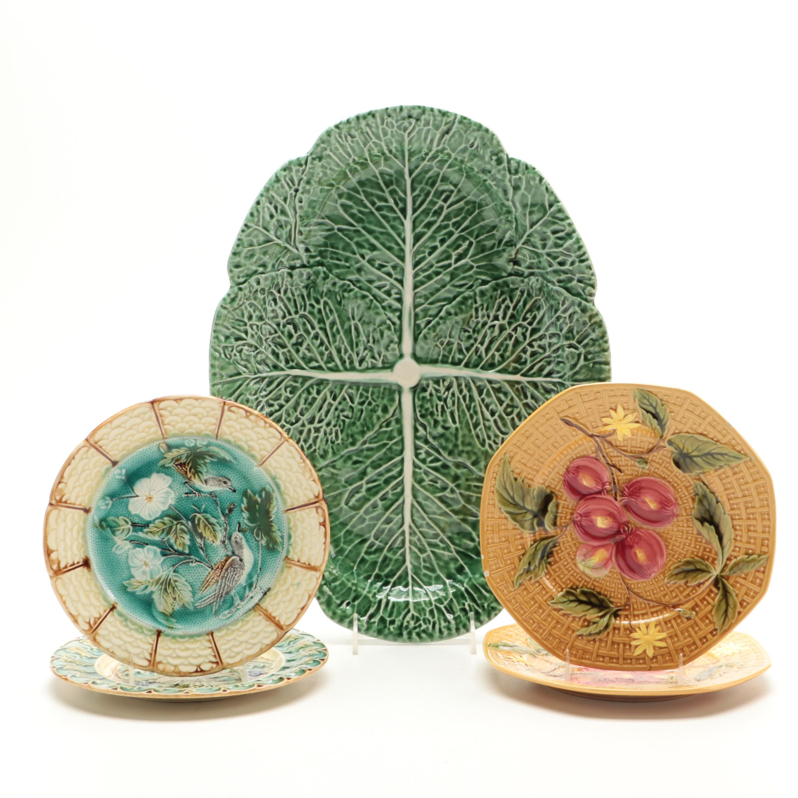 Zell Baden Majolica Plates, Bordallo Pinheiro Cabbage Platter and Other Majolica