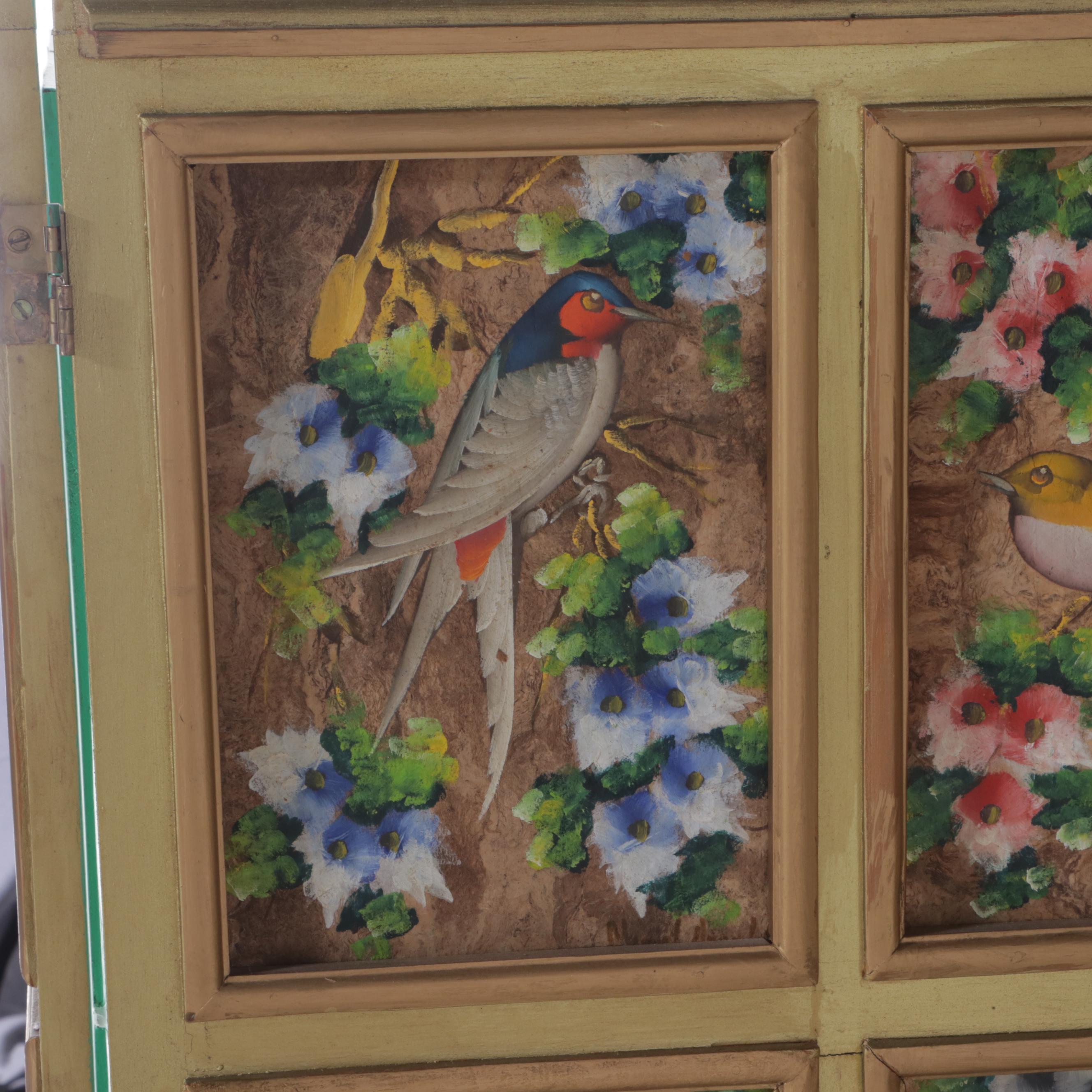 Mexican Hand-Painted Three-Fold Screen of Birds, signed "Miguel Angel. A."