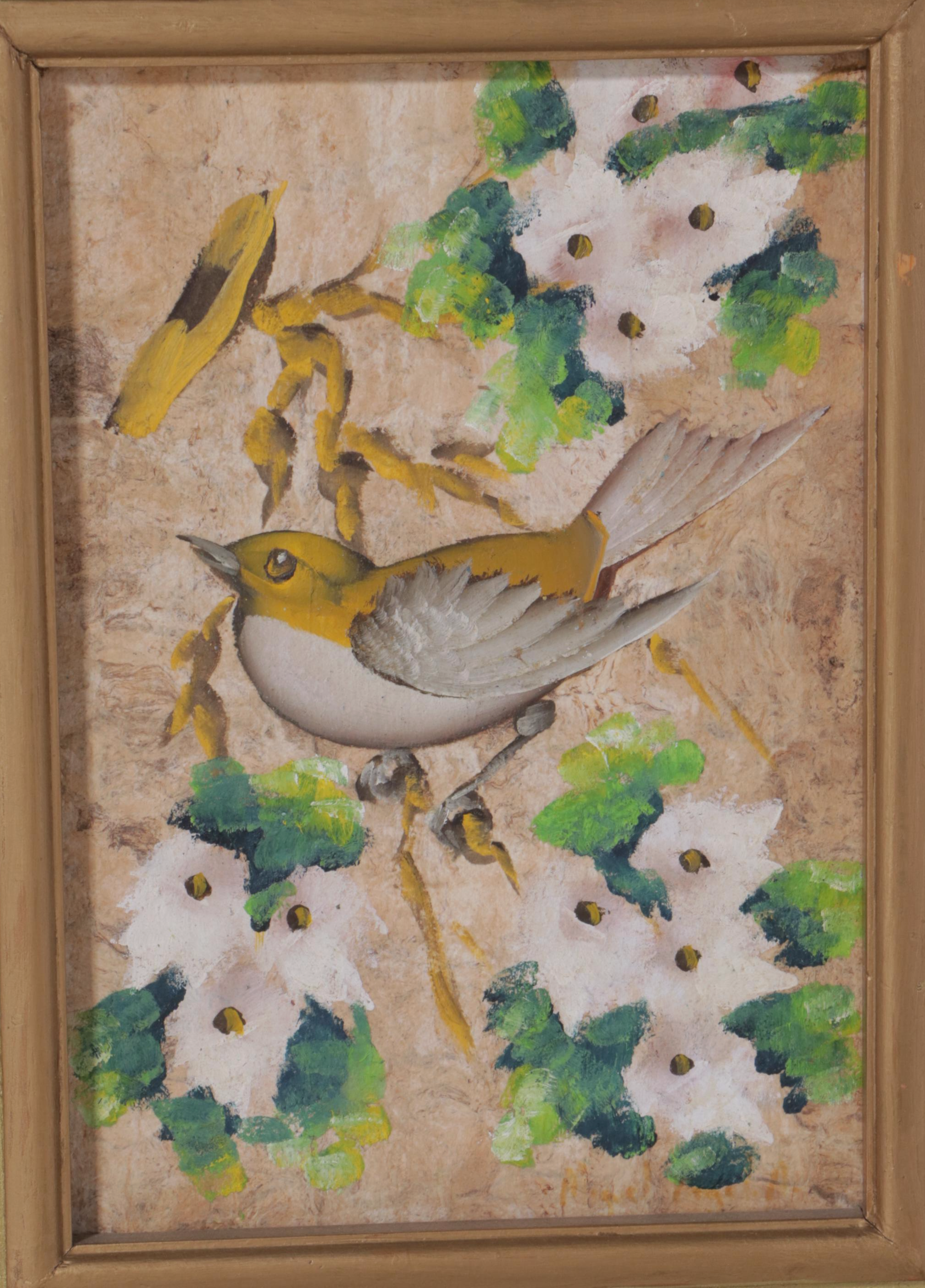 Mexican Hand-Painted Three-Fold Screen of Birds, signed "Miguel Angel. A."