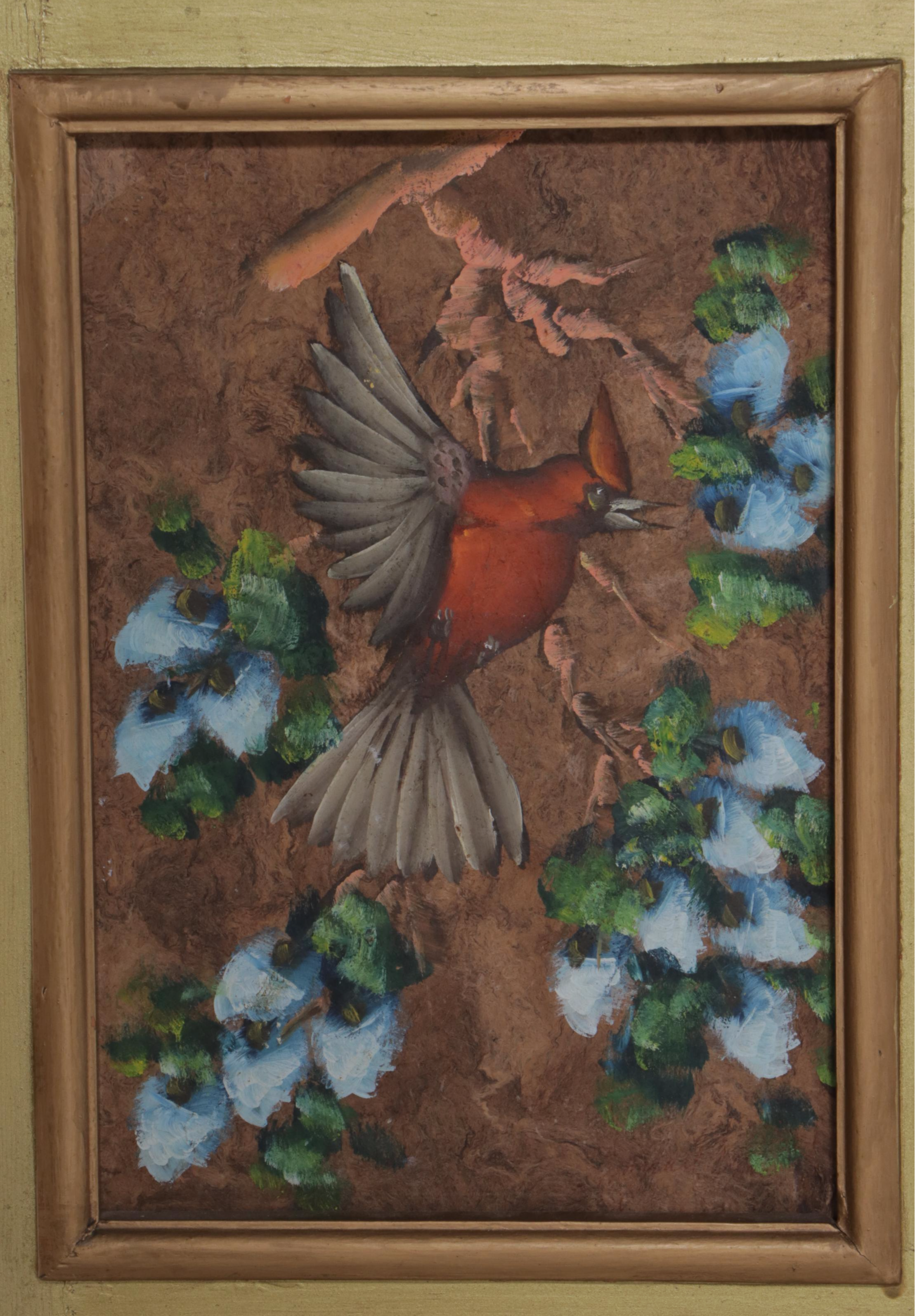 Mexican Hand-Painted Three-Fold Screen of Birds, signed "Miguel Angel. A."