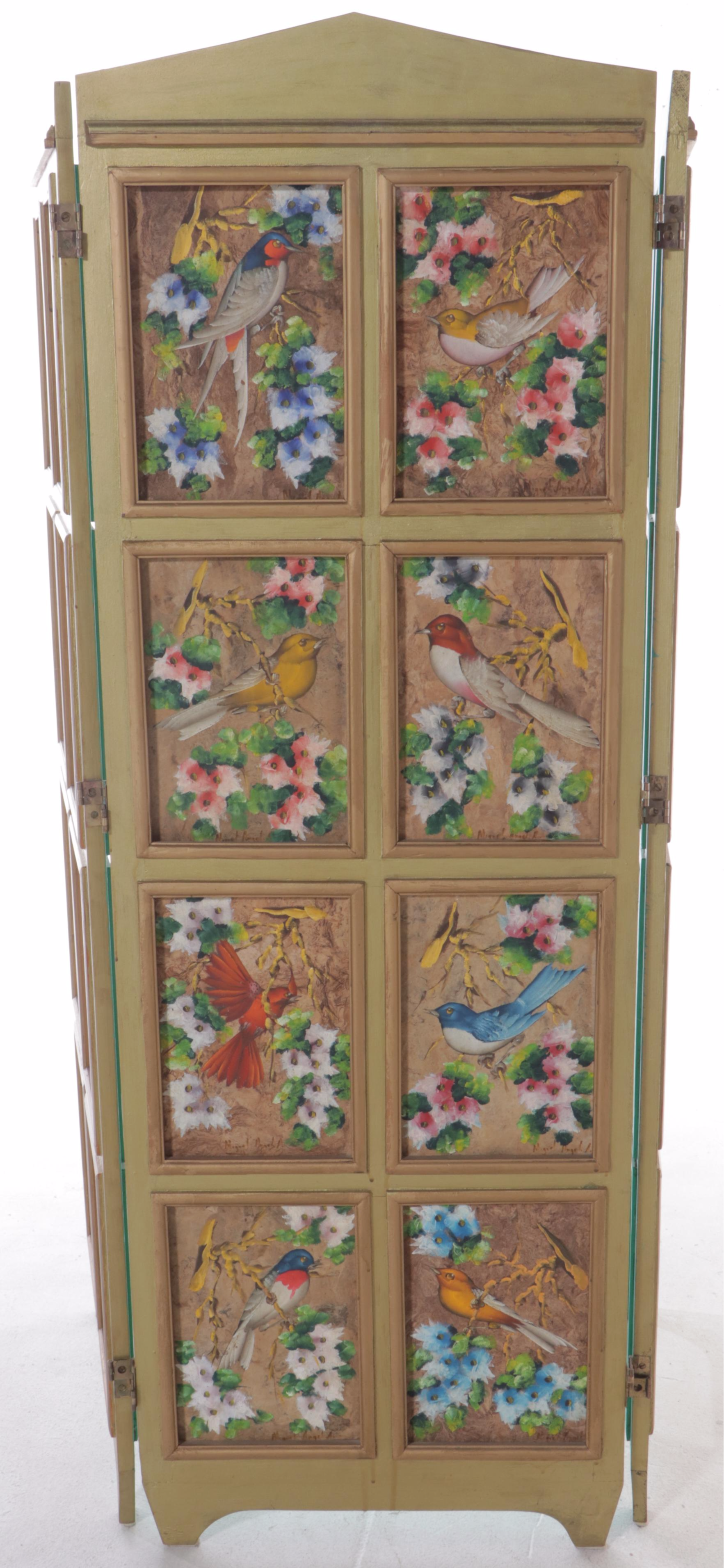 Mexican Hand-Painted Three-Fold Screen of Birds, signed "Miguel Angel. A."
