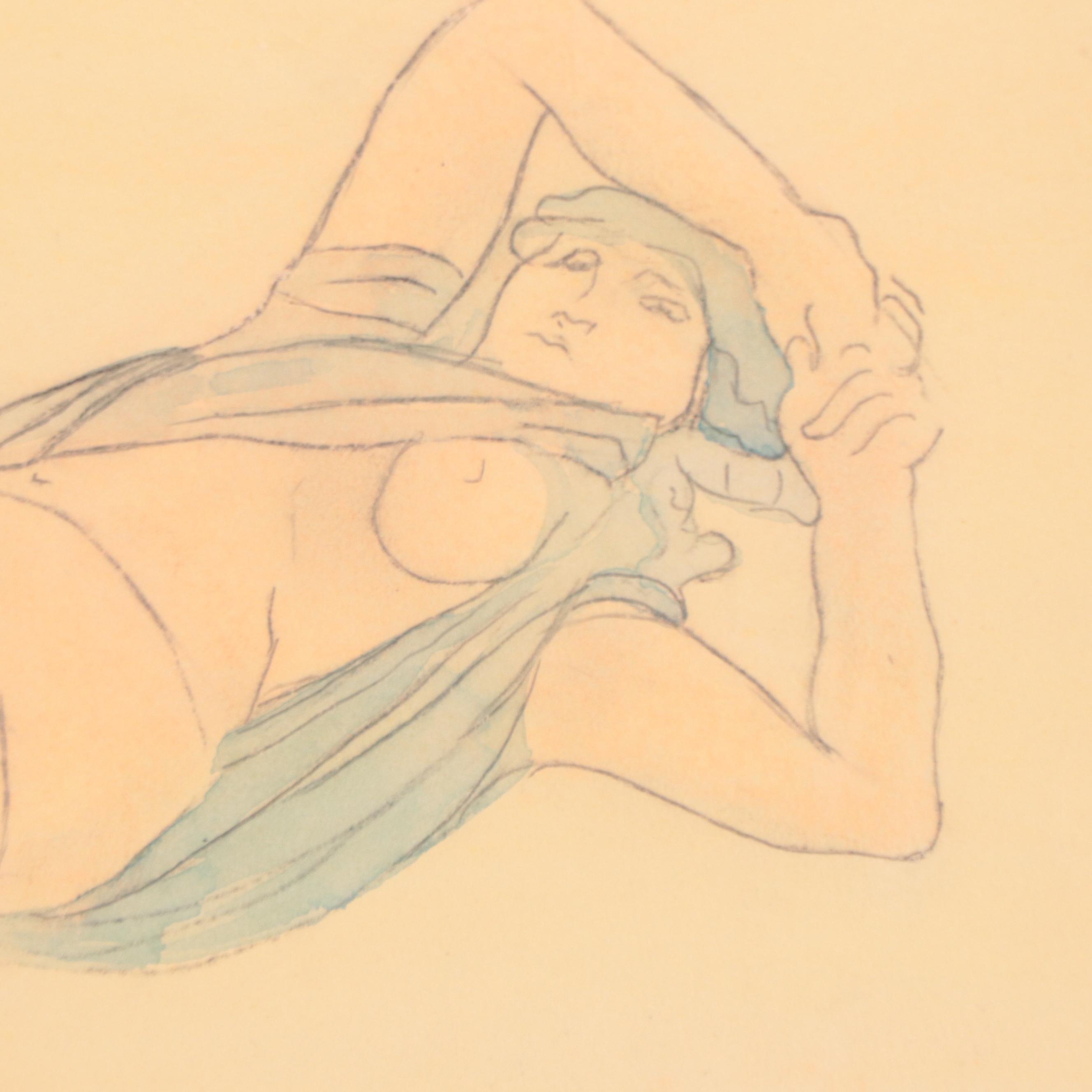 Manner of Auguste Rodin Graphite and Watercolor Drawing of Reclining Nude