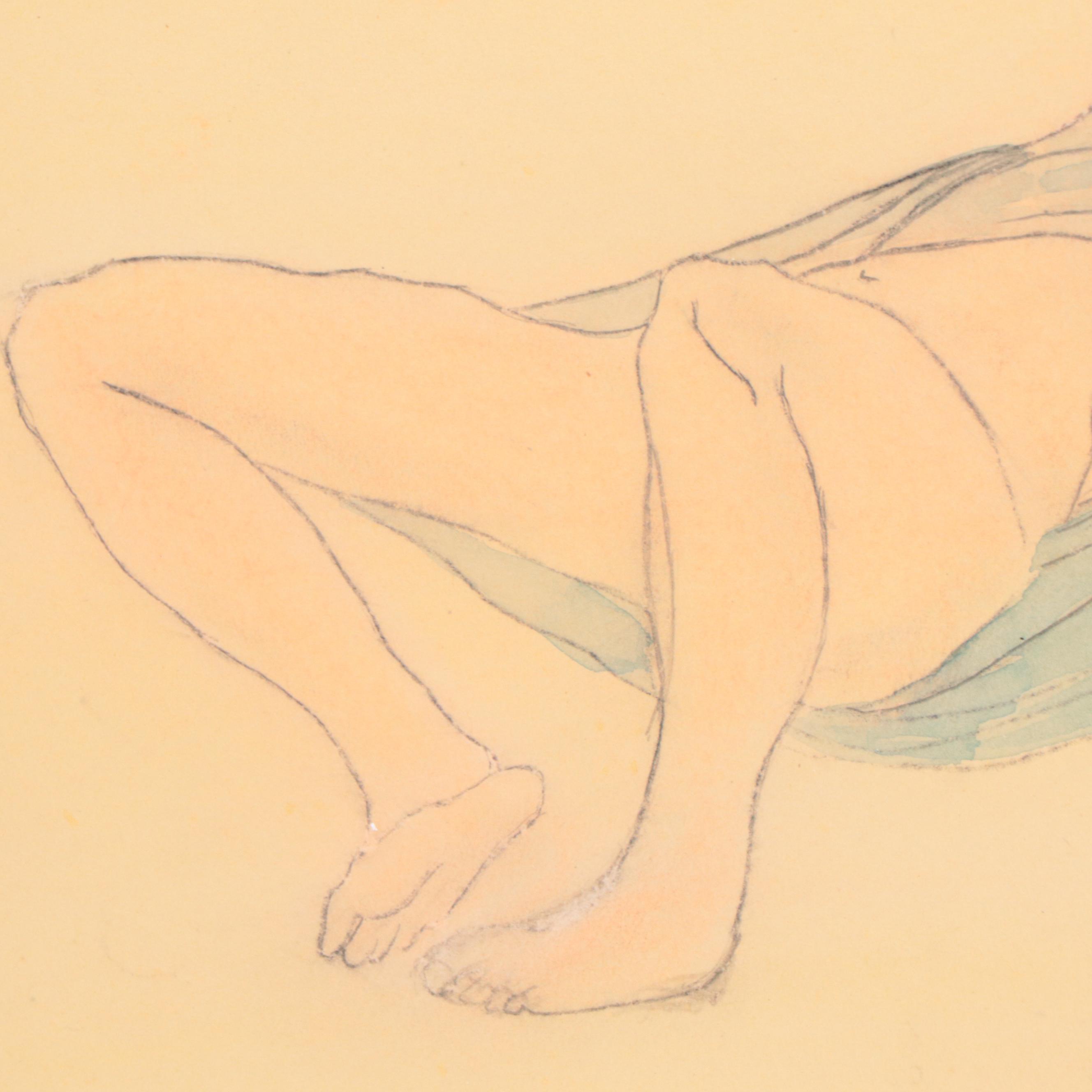 Manner of Auguste Rodin Graphite and Watercolor Drawing of Reclining Nude