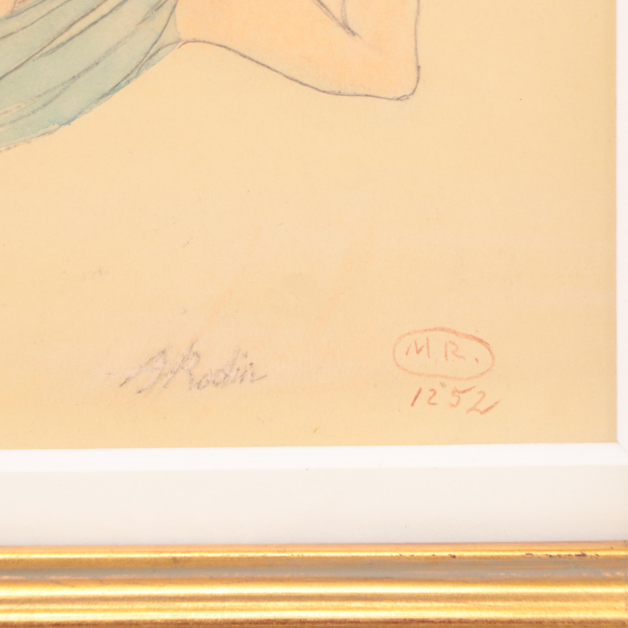 Manner of Auguste Rodin Graphite and Watercolor Drawing of Reclining Nude