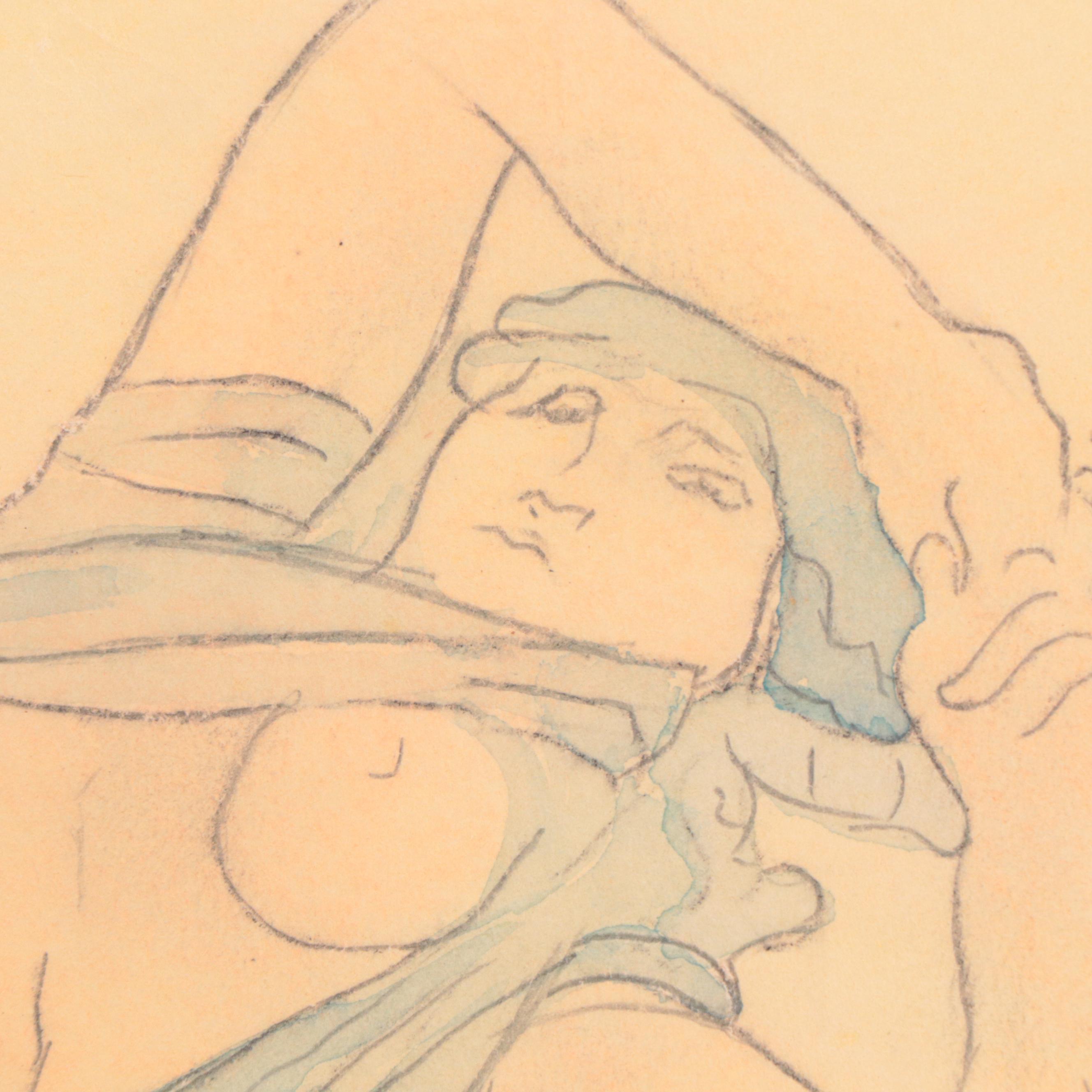 Manner of Auguste Rodin Graphite and Watercolor Drawing of Reclining Nude