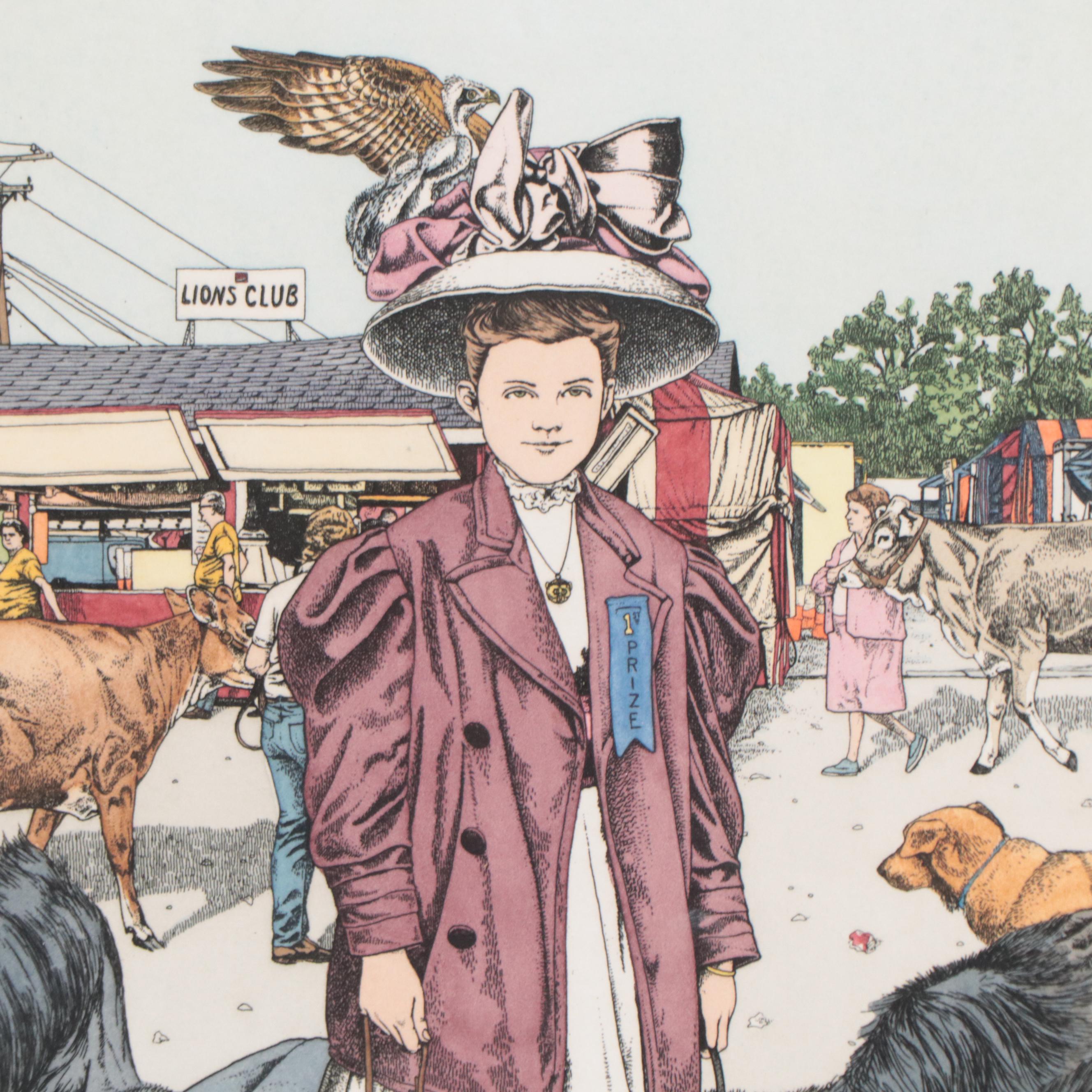 Abigail Rorer Etching "First Prize in the 'Costume with Pet' Division," 1986