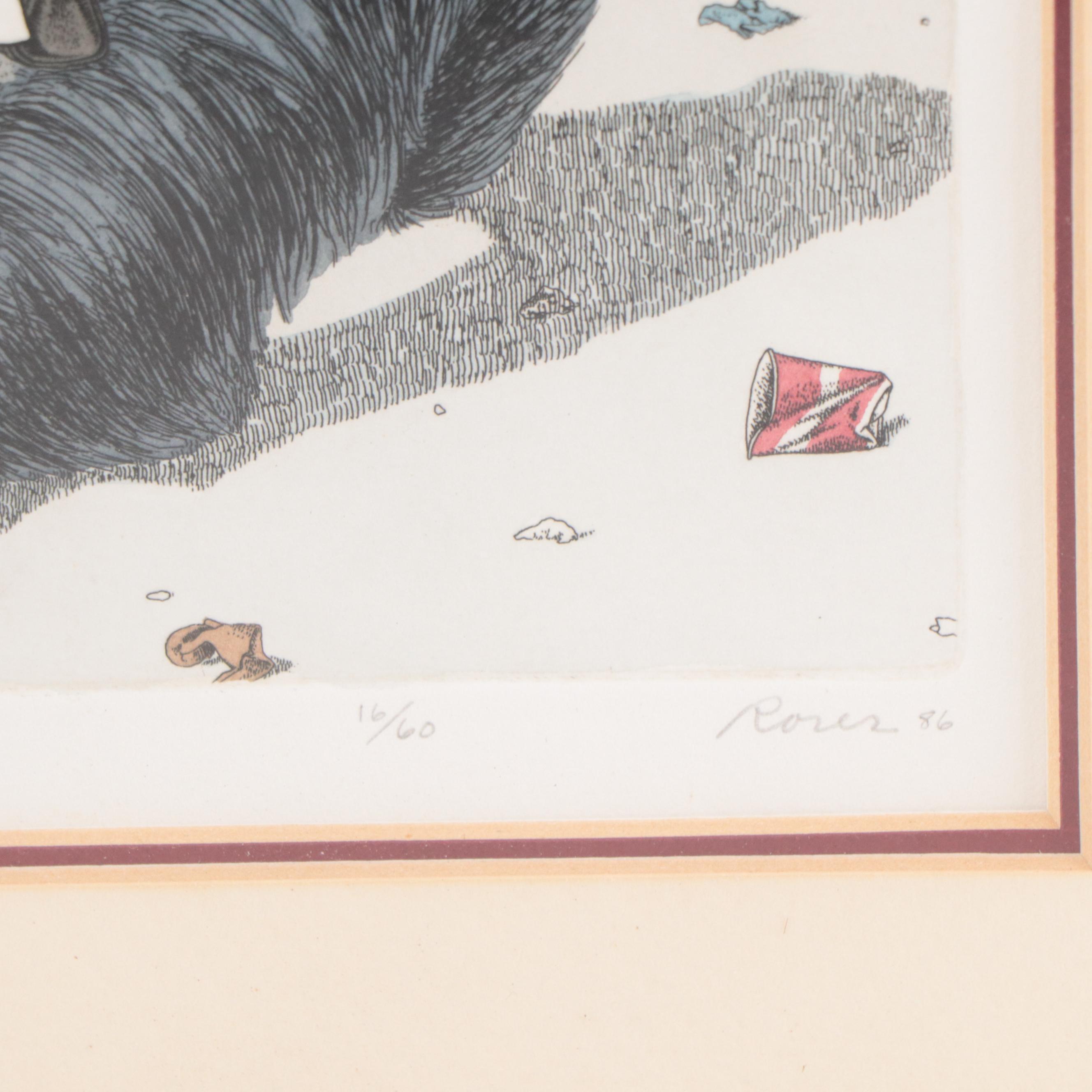 Abigail Rorer Etching "First Prize in the 'Costume with Pet' Division," 1986