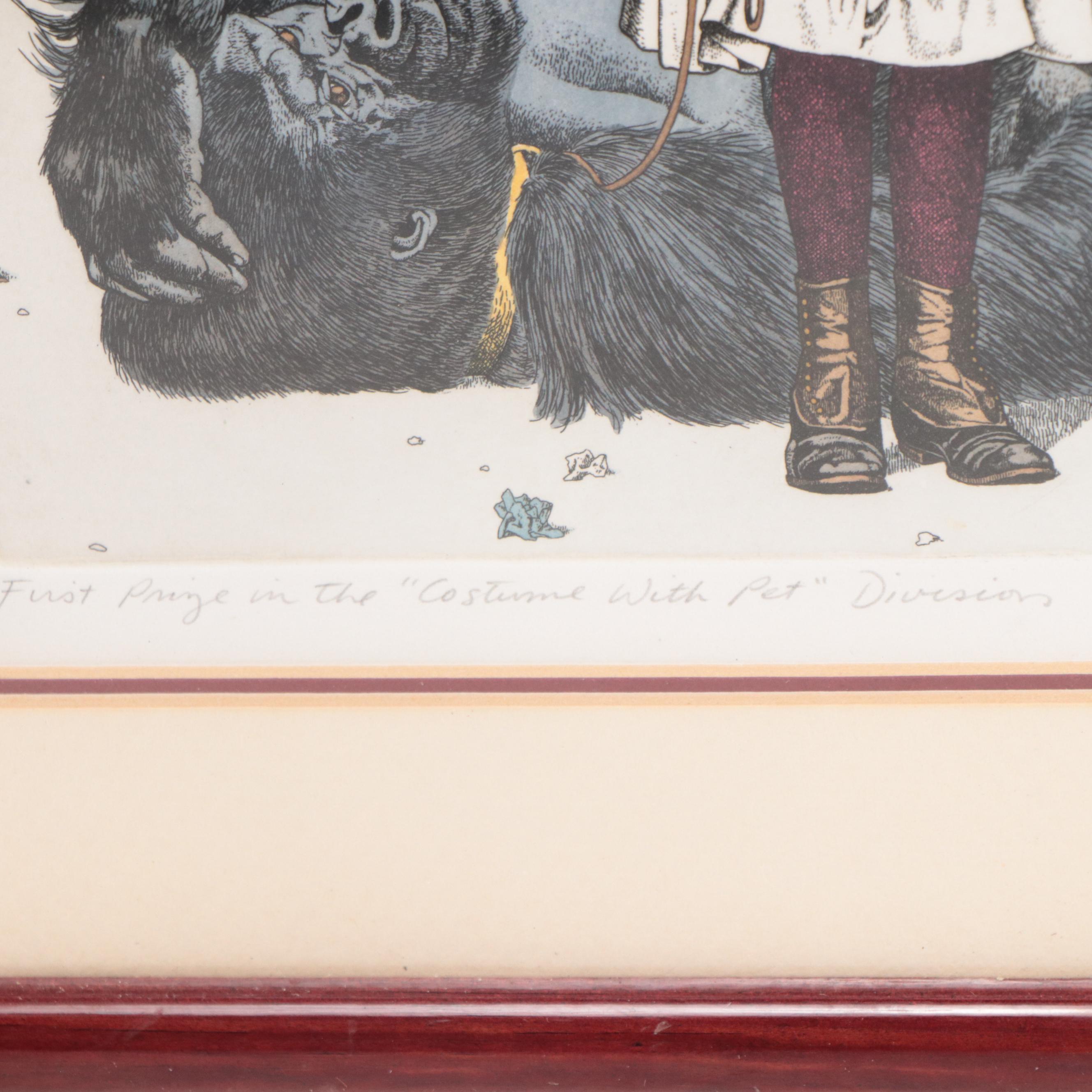 Abigail Rorer Etching "First Prize in the 'Costume with Pet' Division," 1986