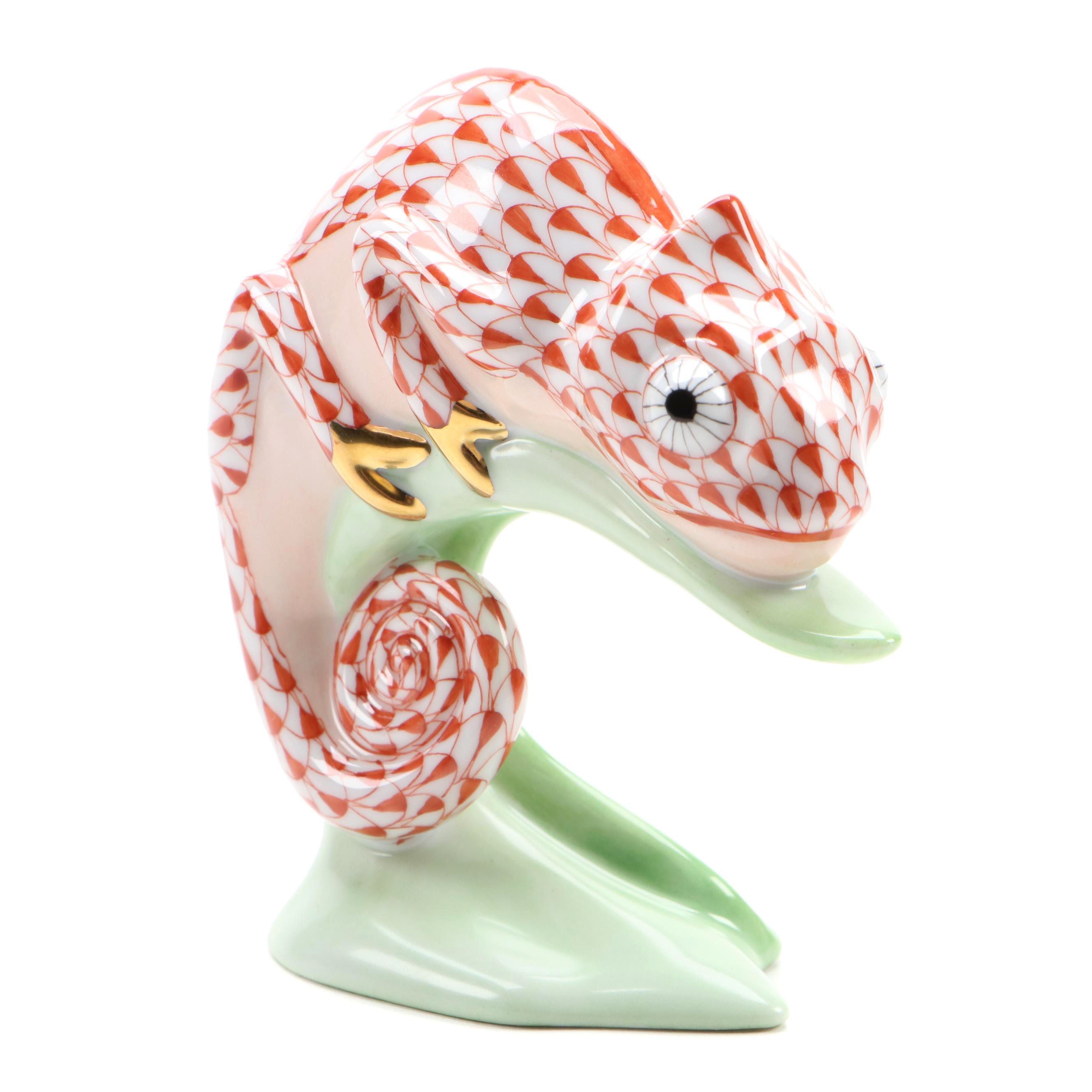 Herend Rust Fishnet with Gold "Chameleon" Porcelain Figurine