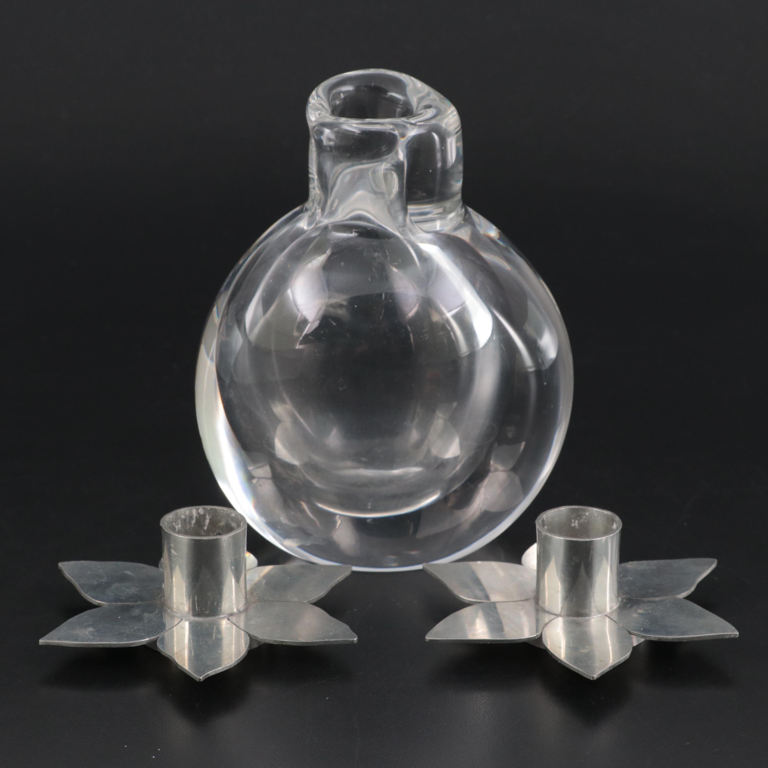 Kosta Crystal Bud Vase with Other Pewter Flower Shaped Candle Holders