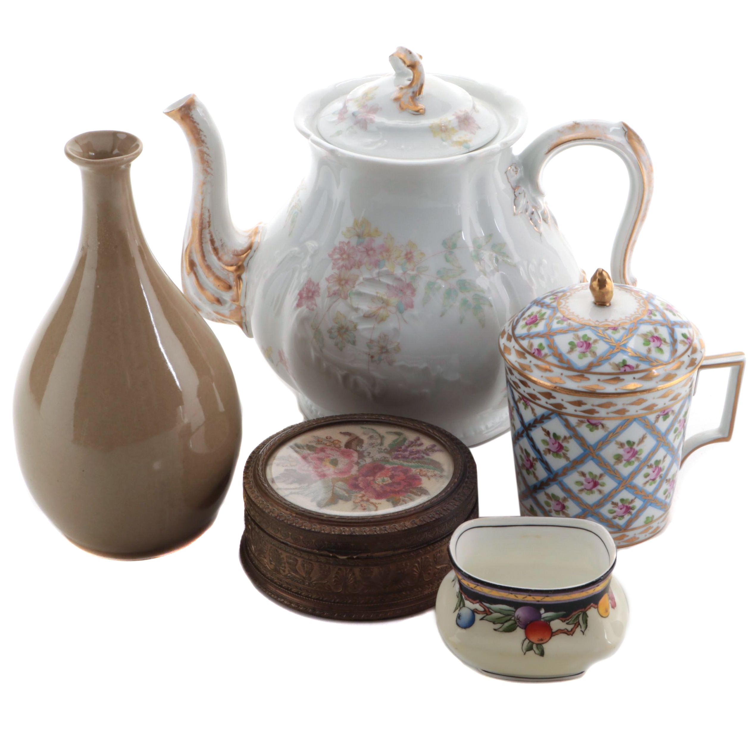 French Brass Vanity Box with Limoges Teapot, Dresden Covered Mug and More