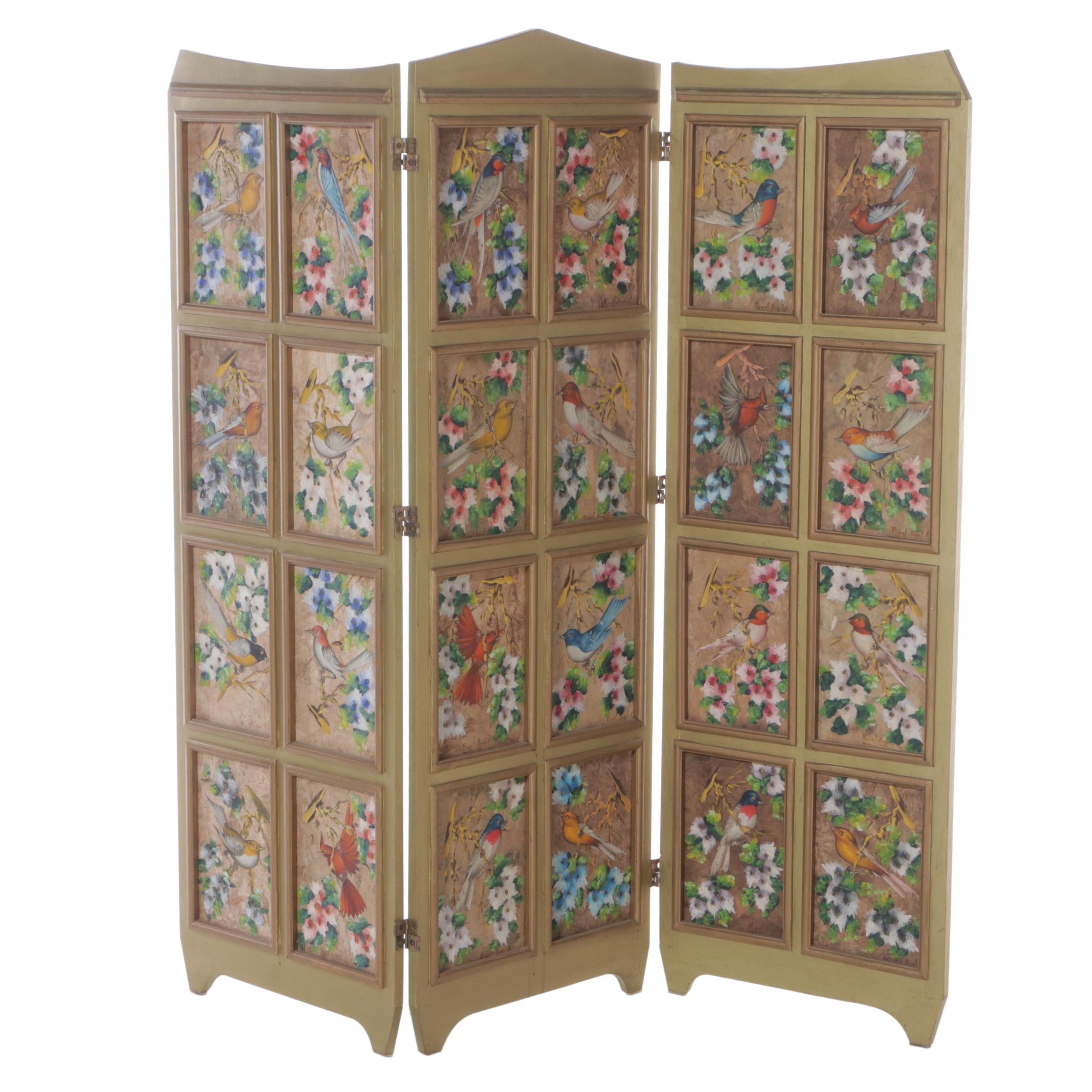 Mexican Hand-Painted Three-Fold Screen of Birds, signed "Miguel Angel. A."