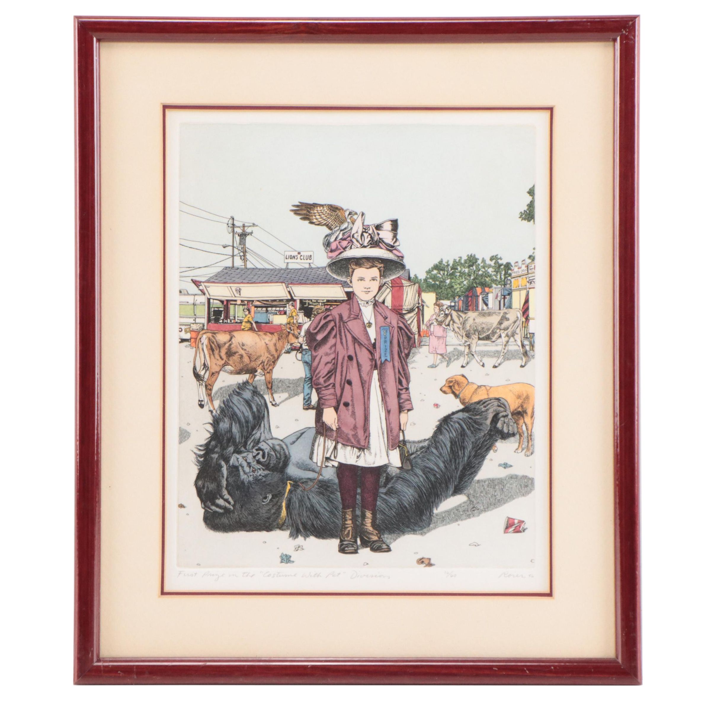 Abigail Rorer Etching "First Prize in the 'Costume with Pet' Division," 1986