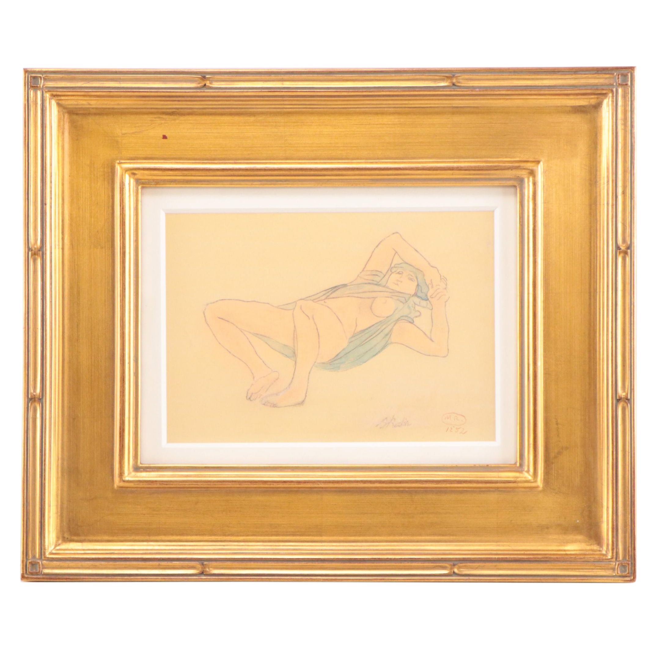Manner of Auguste Rodin Graphite and Watercolor Drawing of Reclining Nude