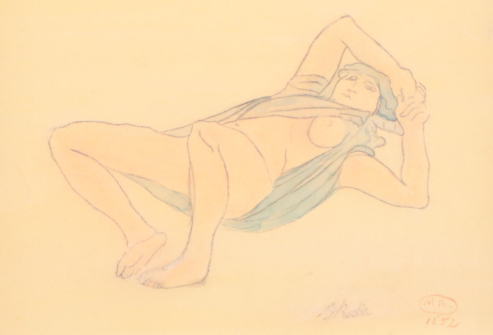 Manner of Auguste Rodin Graphite and Watercolor Drawing of Reclining Nude