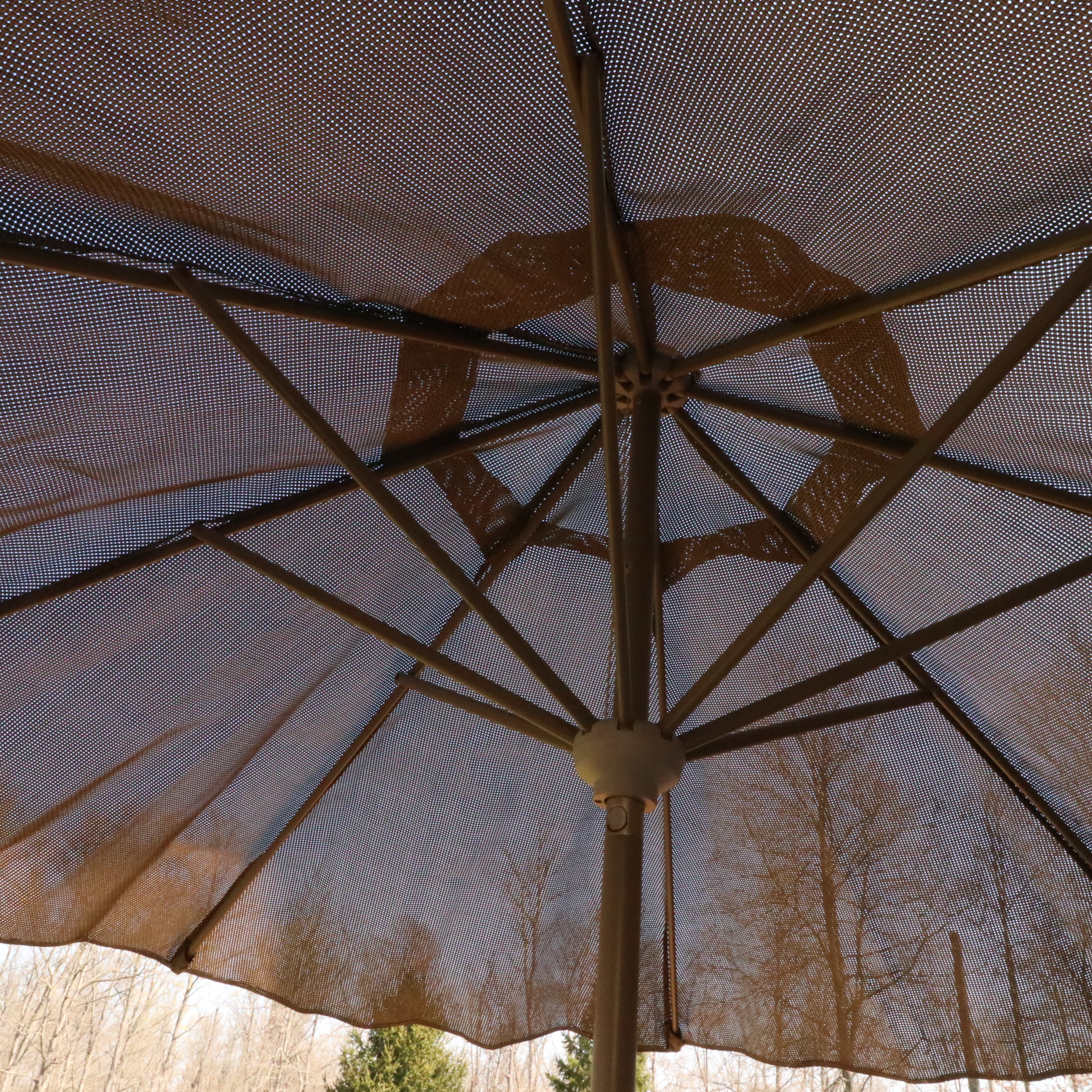 Cast Aluminum Outdoor Dining Set with Sling Mesh Seating, Umbrella and Area Rug