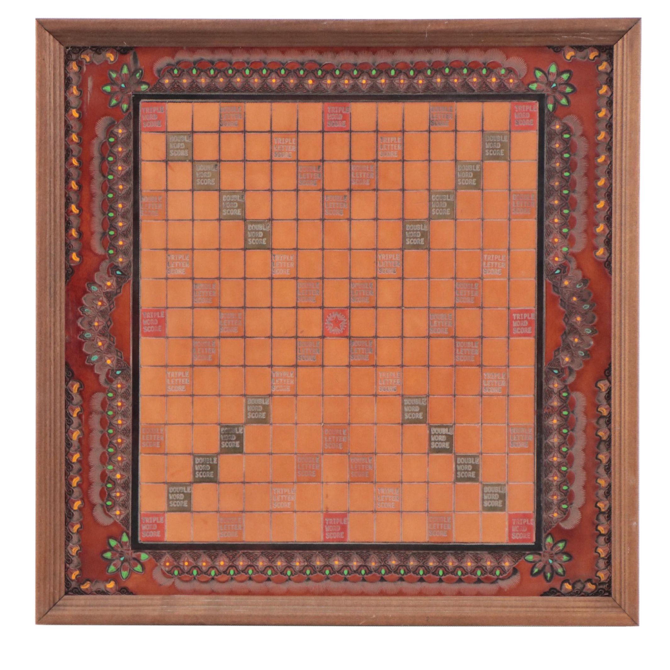 Hand-Painted Tooled Leather Panel of Scrabble Board