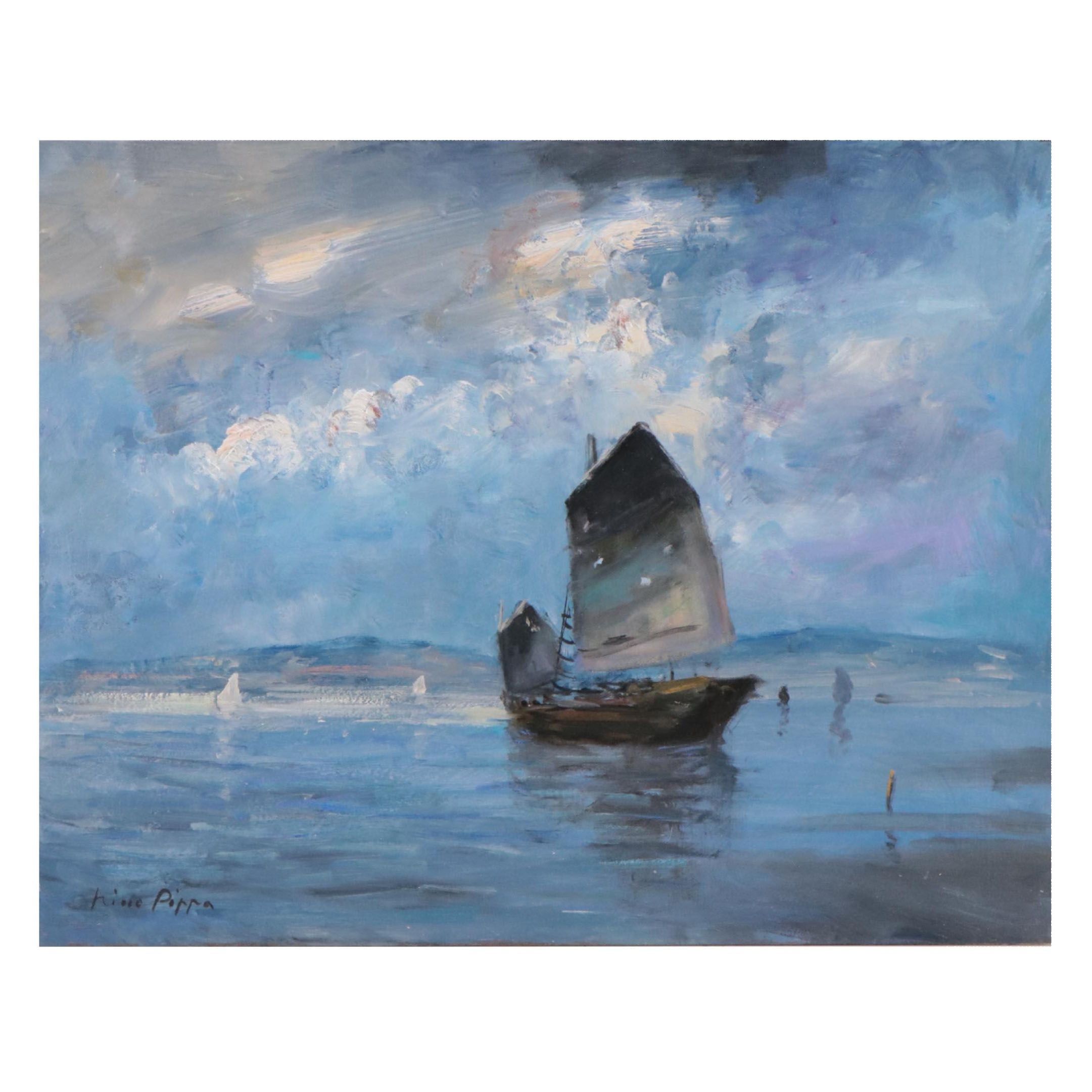 Nino Pippa Oil Painting "Chinese Junk by Hong Kong Harbor," 2016