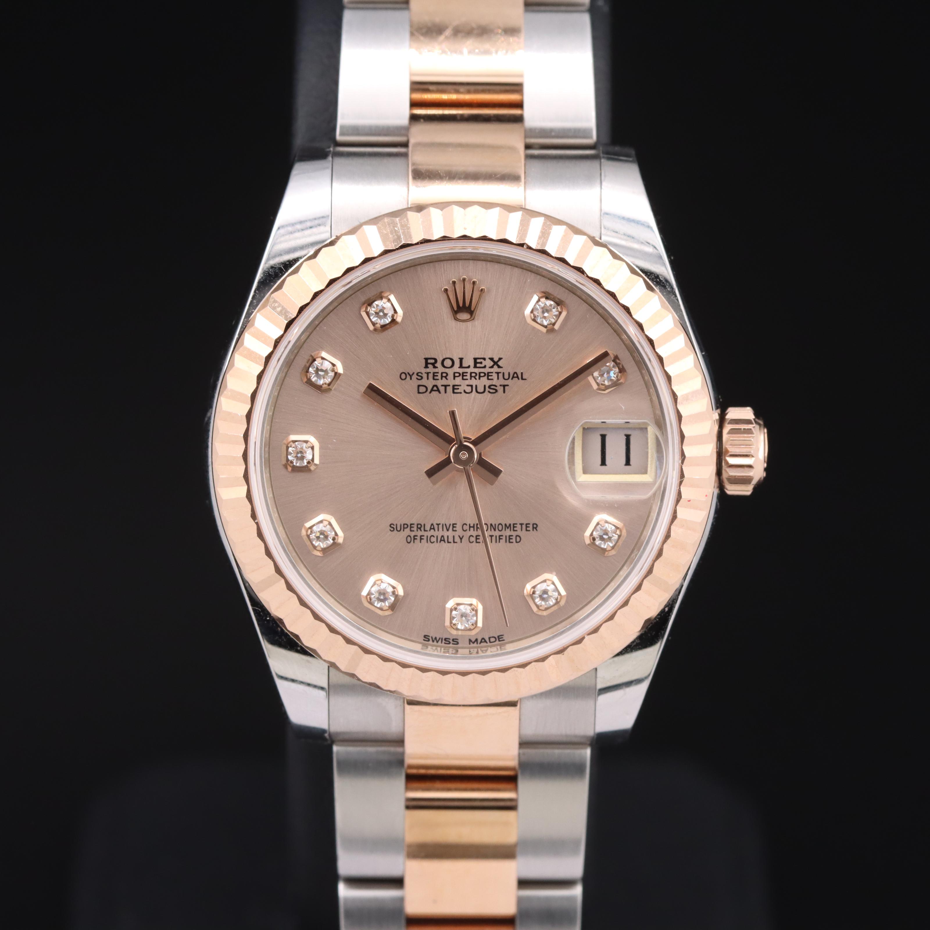 Rolex Datejust 18K and Stainless Steel Factory Diamond Pink Dial Watch