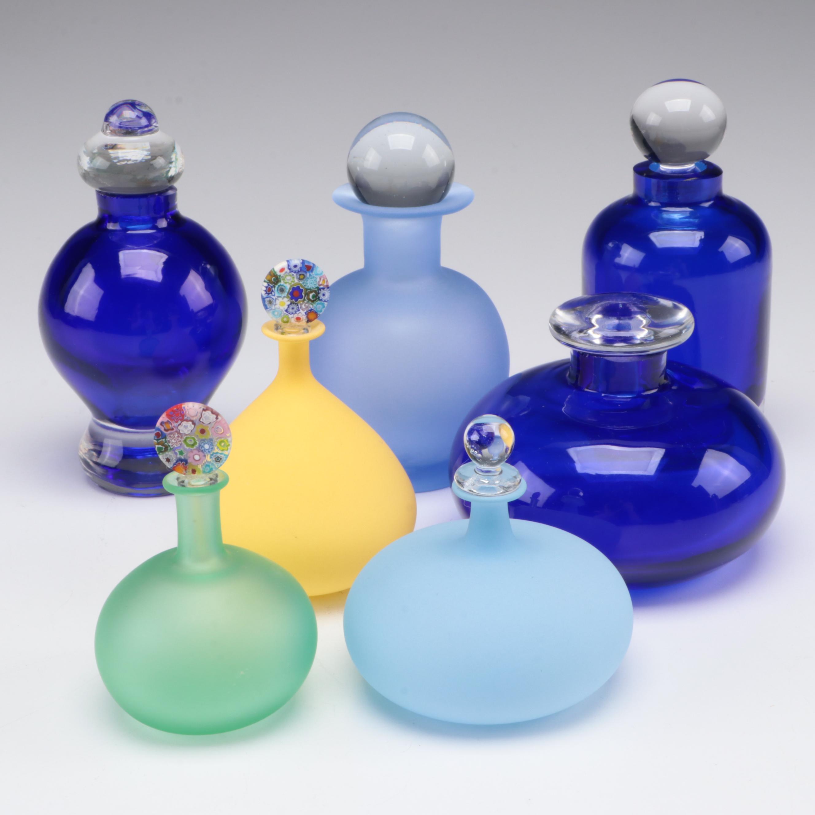 Cobalt Glass and Frosted Glass Perfume Bottles With Millefiori Stoppers