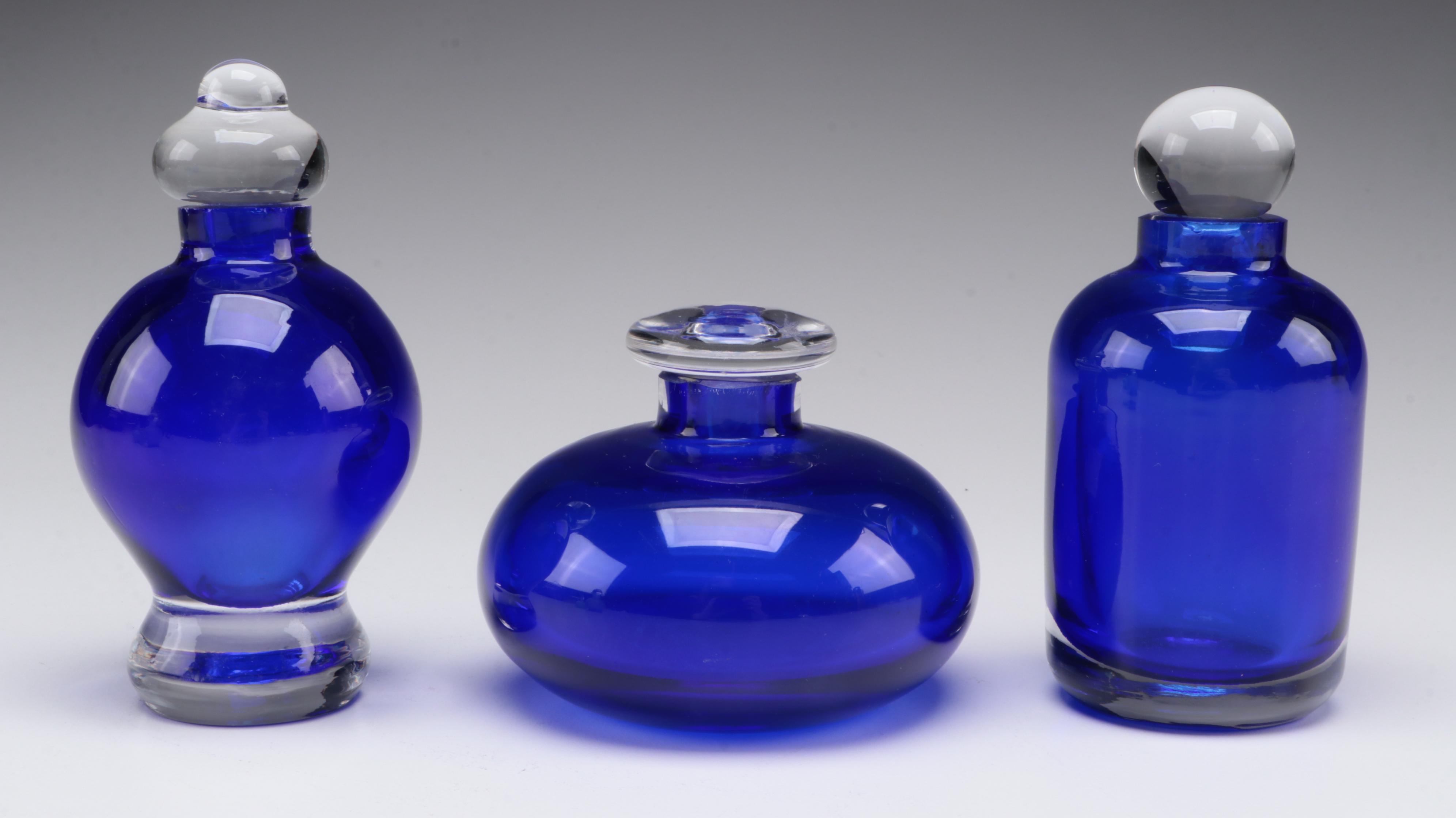 Cobalt Glass and Frosted Glass Perfume Bottles With Millefiori Stoppers