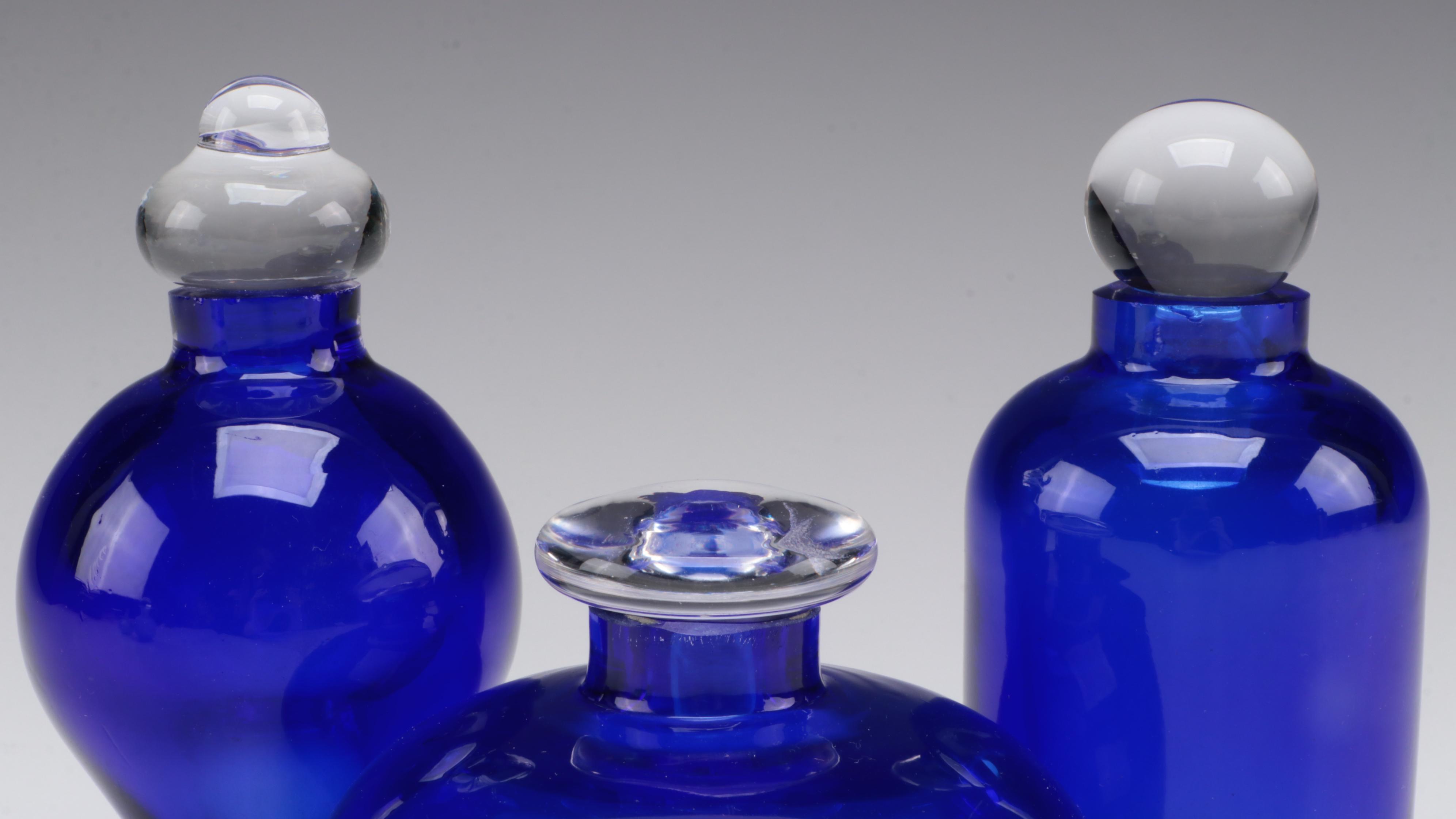 Cobalt Glass and Frosted Glass Perfume Bottles With Millefiori Stoppers
