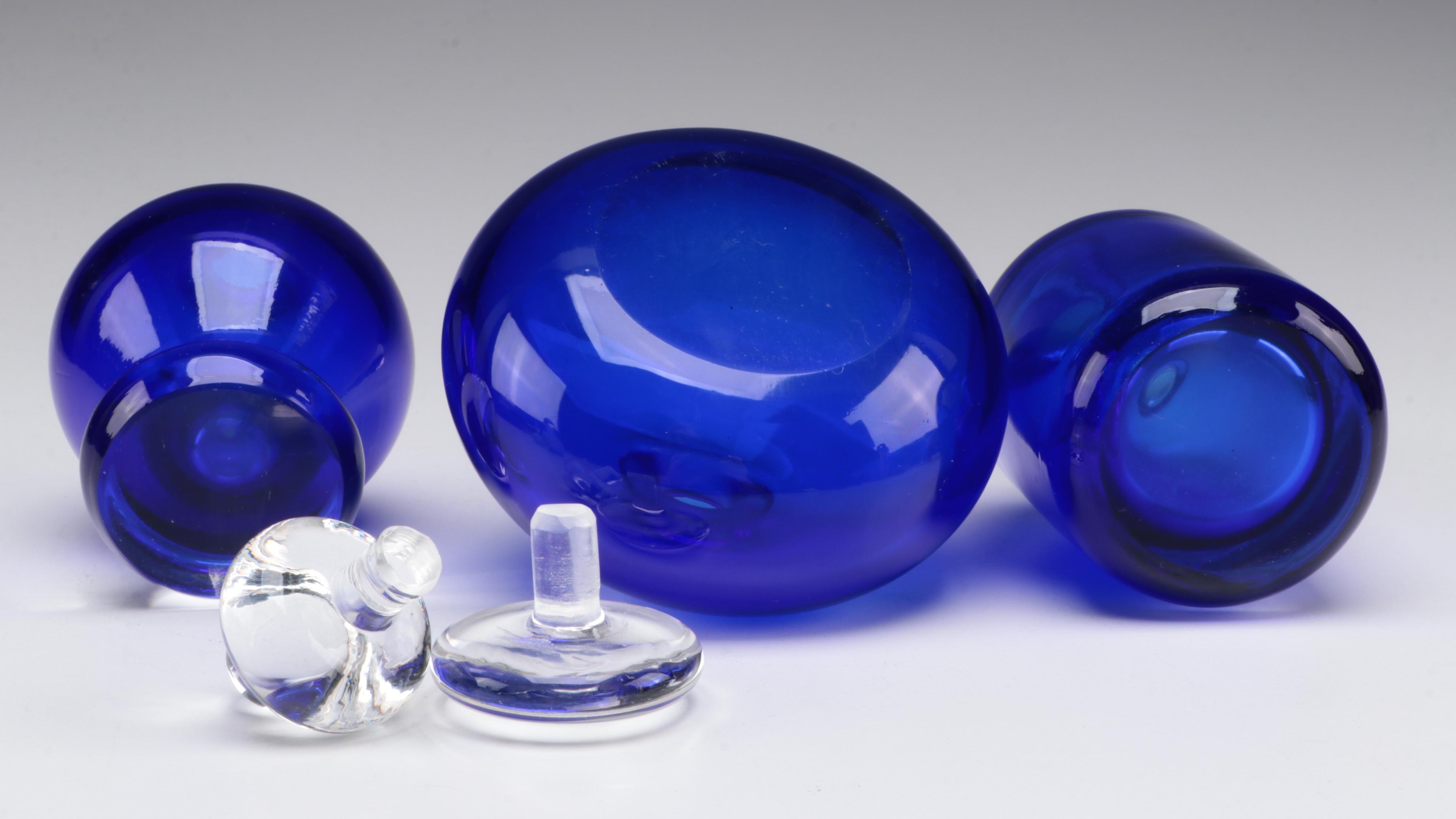 Cobalt Glass and Frosted Glass Perfume Bottles With Millefiori Stoppers