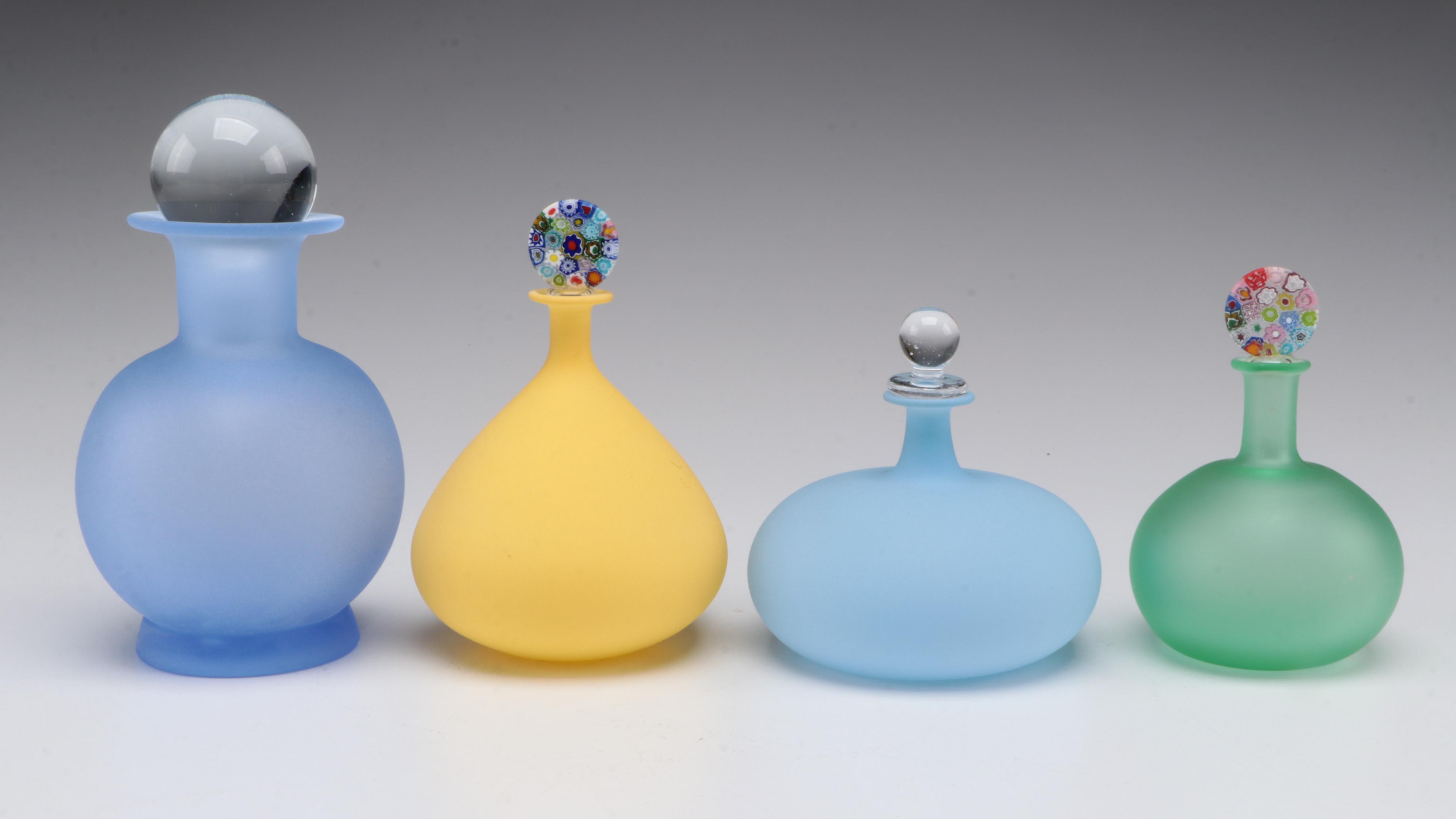 Cobalt Glass and Frosted Glass Perfume Bottles With Millefiori Stoppers