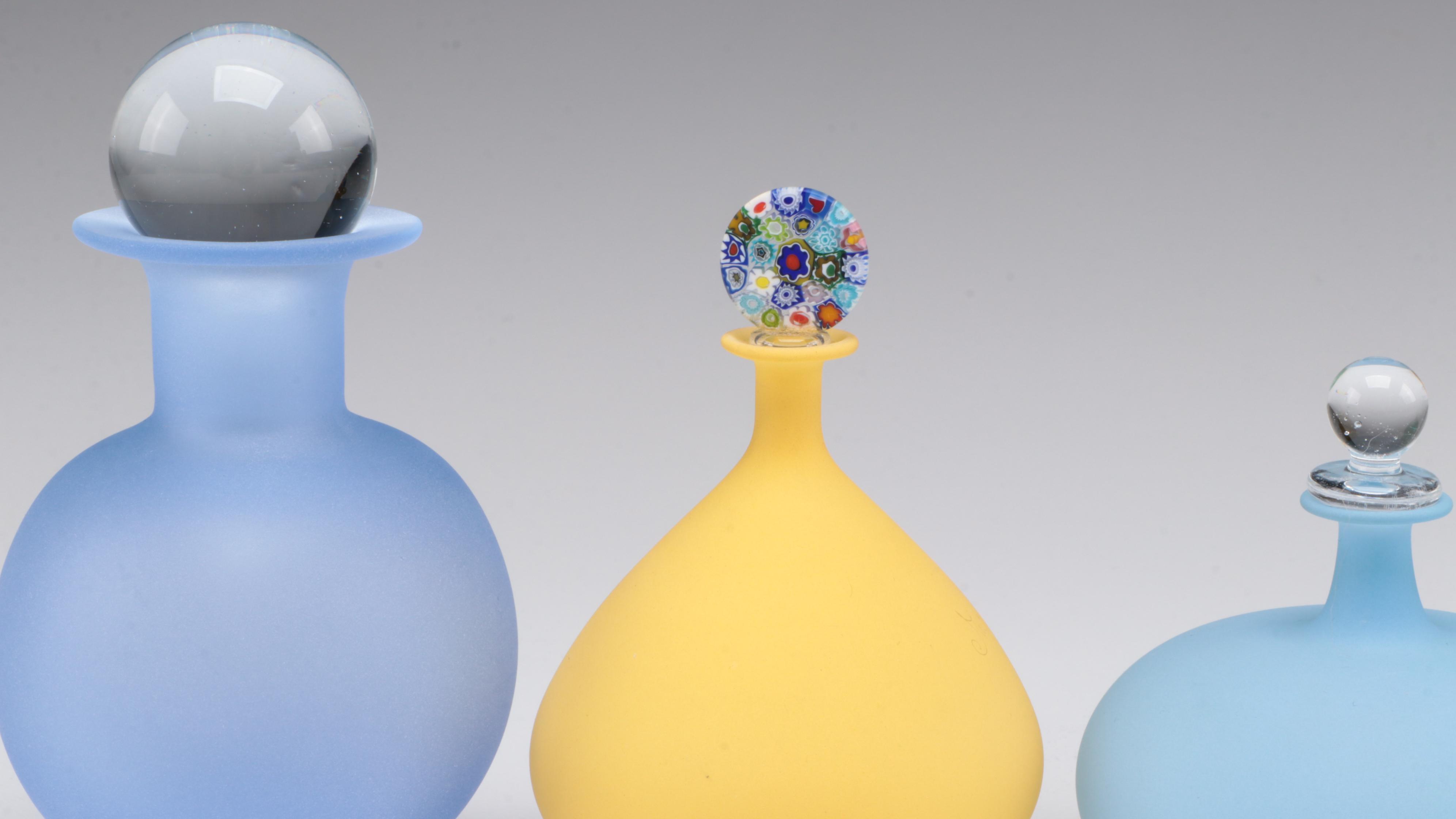 Cobalt Glass and Frosted Glass Perfume Bottles With Millefiori Stoppers