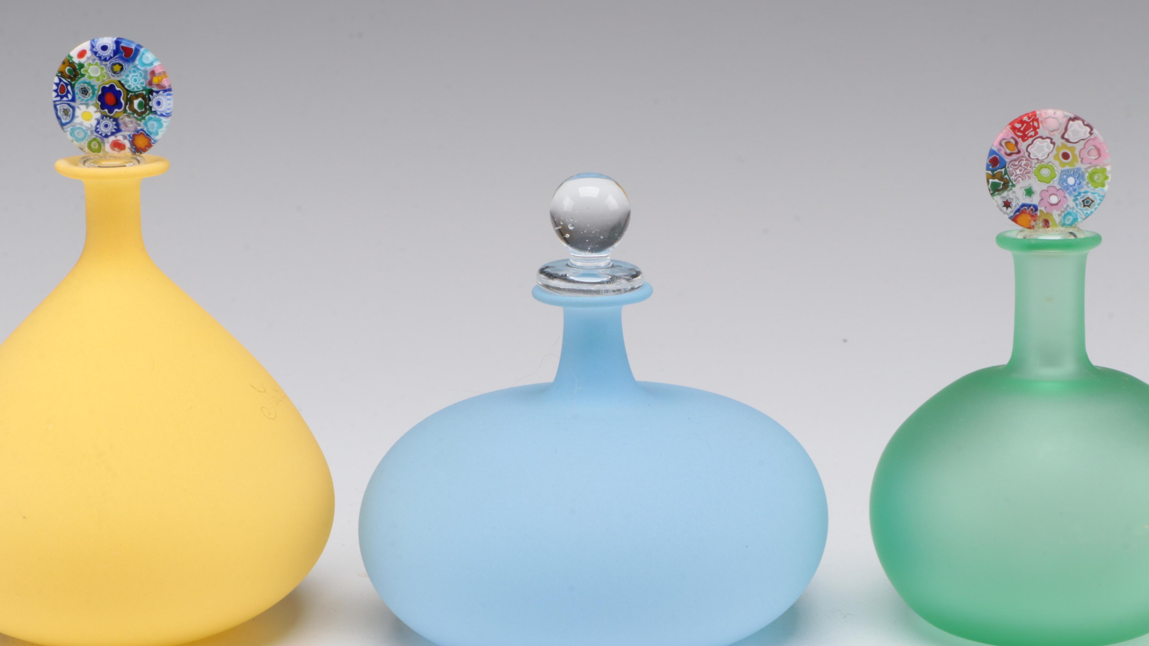 Cobalt Glass and Frosted Glass Perfume Bottles With Millefiori Stoppers