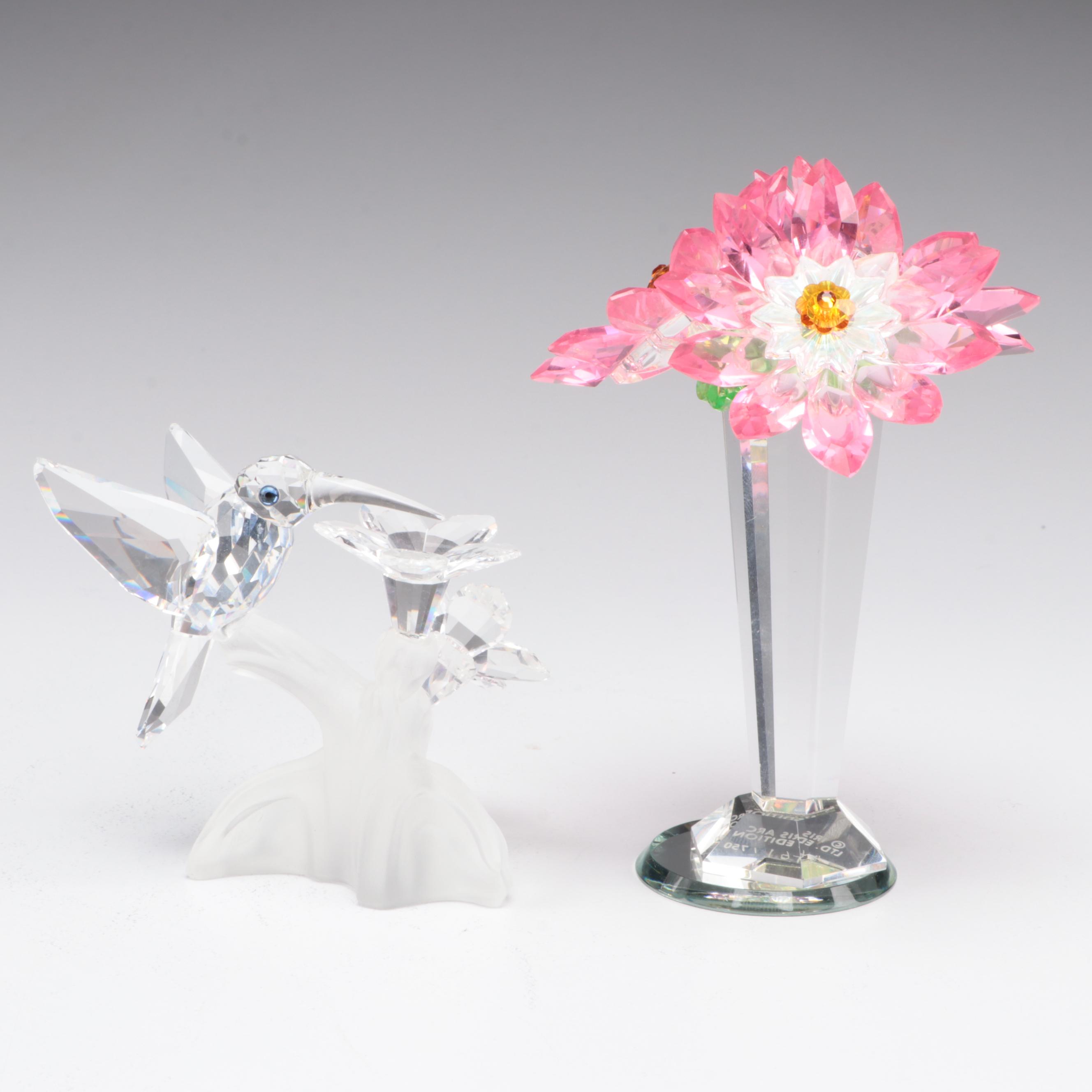 Swarovski Crystal Hummingbird Figurine and Iris Arc Crystal Floral Bouquet