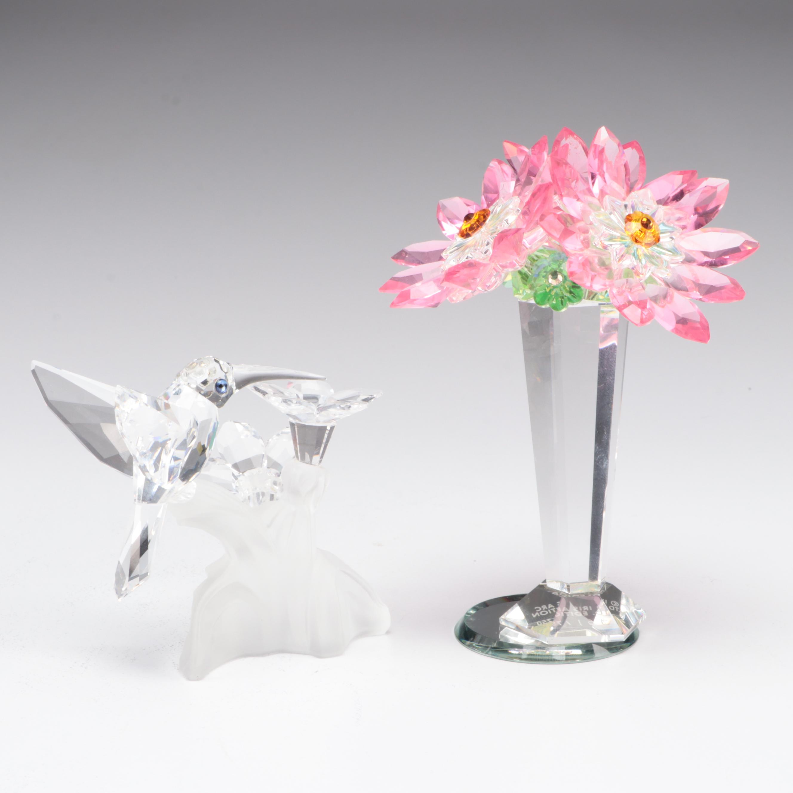 Swarovski Crystal Hummingbird Figurine and Iris Arc Crystal Floral Bouquet